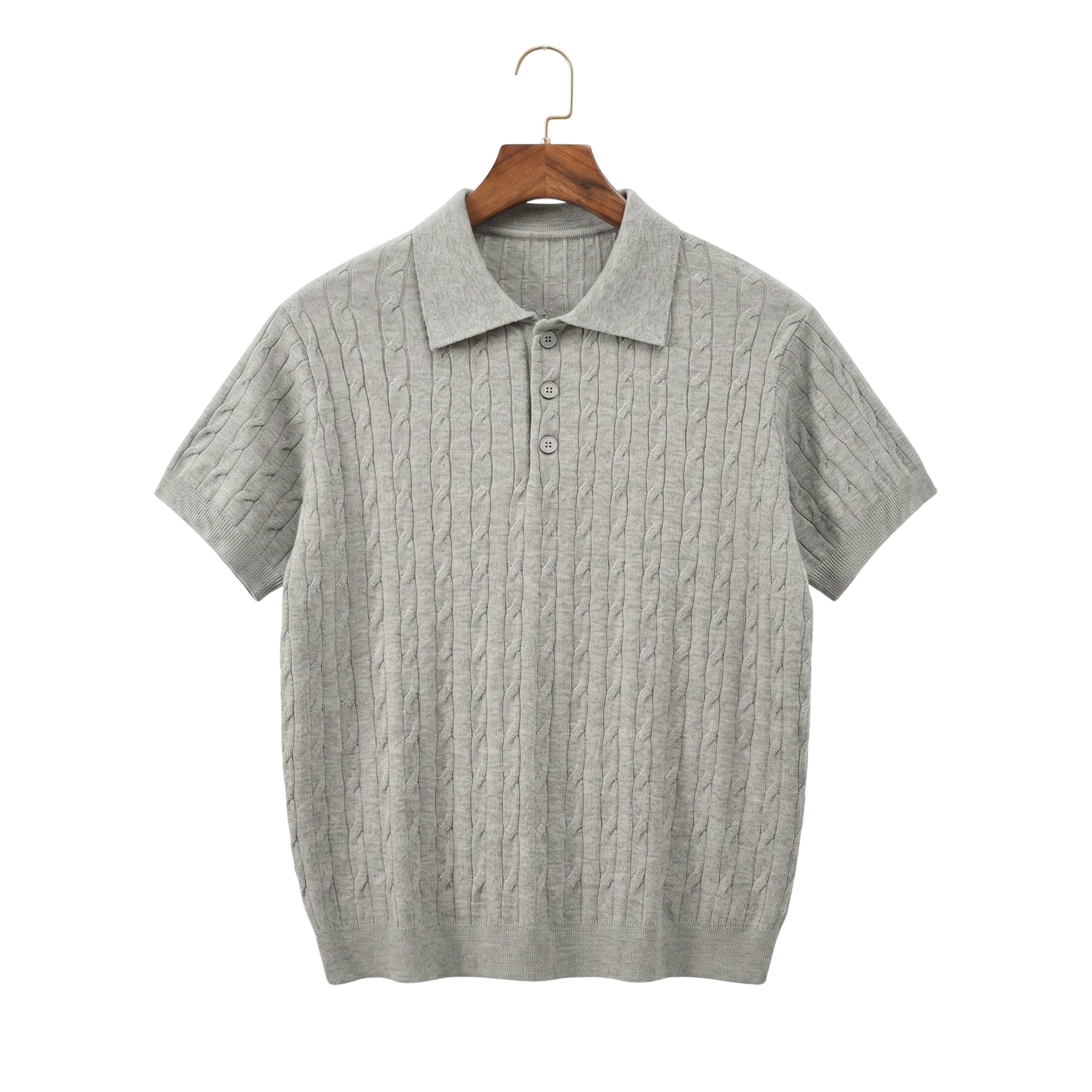 Front view of a light grey melange men's short-sleeve cable knit polo shirt with light grey buttons against a white background