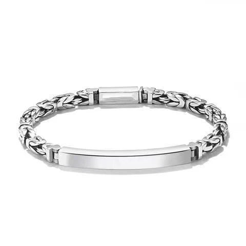 Men's silver woven chain ID bracelet featuring a blank engravable curved bar on a white background.