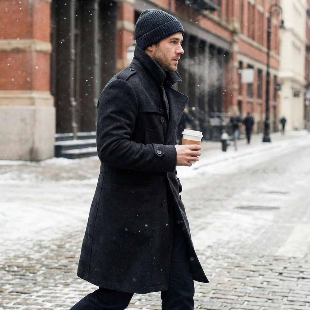 Man wearing a men’s trench coat for everyday winter wear in a city street.