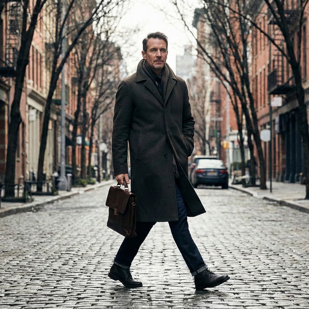 Man wearing a modern men’s trench coat with a flattering fit, walking confidently in an urban winter setting.