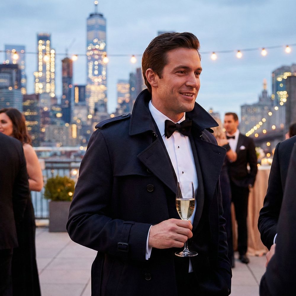 Man wearing a men’s trench coat at a formal evening event.