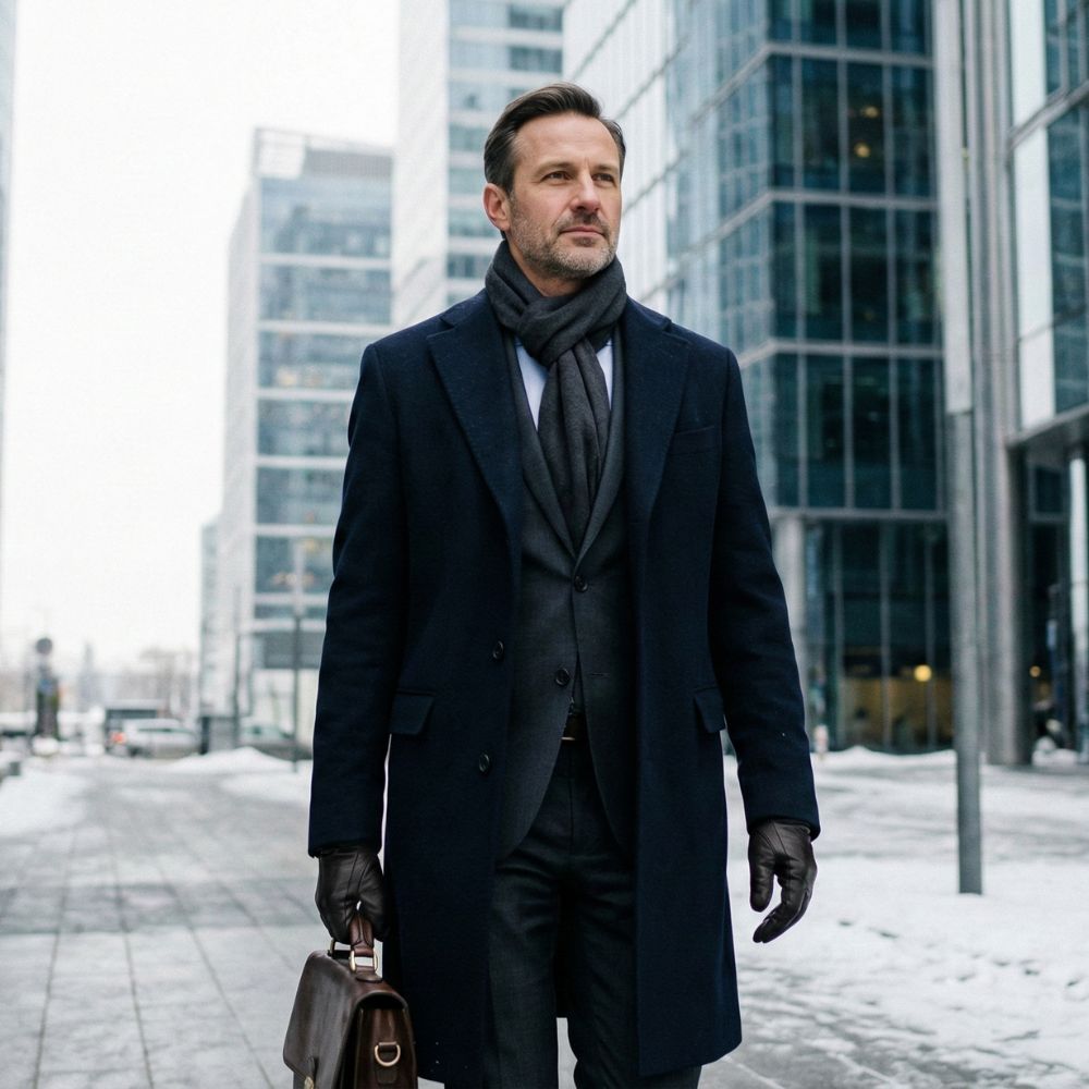 Man wearing a men’s trench coat in a business district, styled for office outfits.