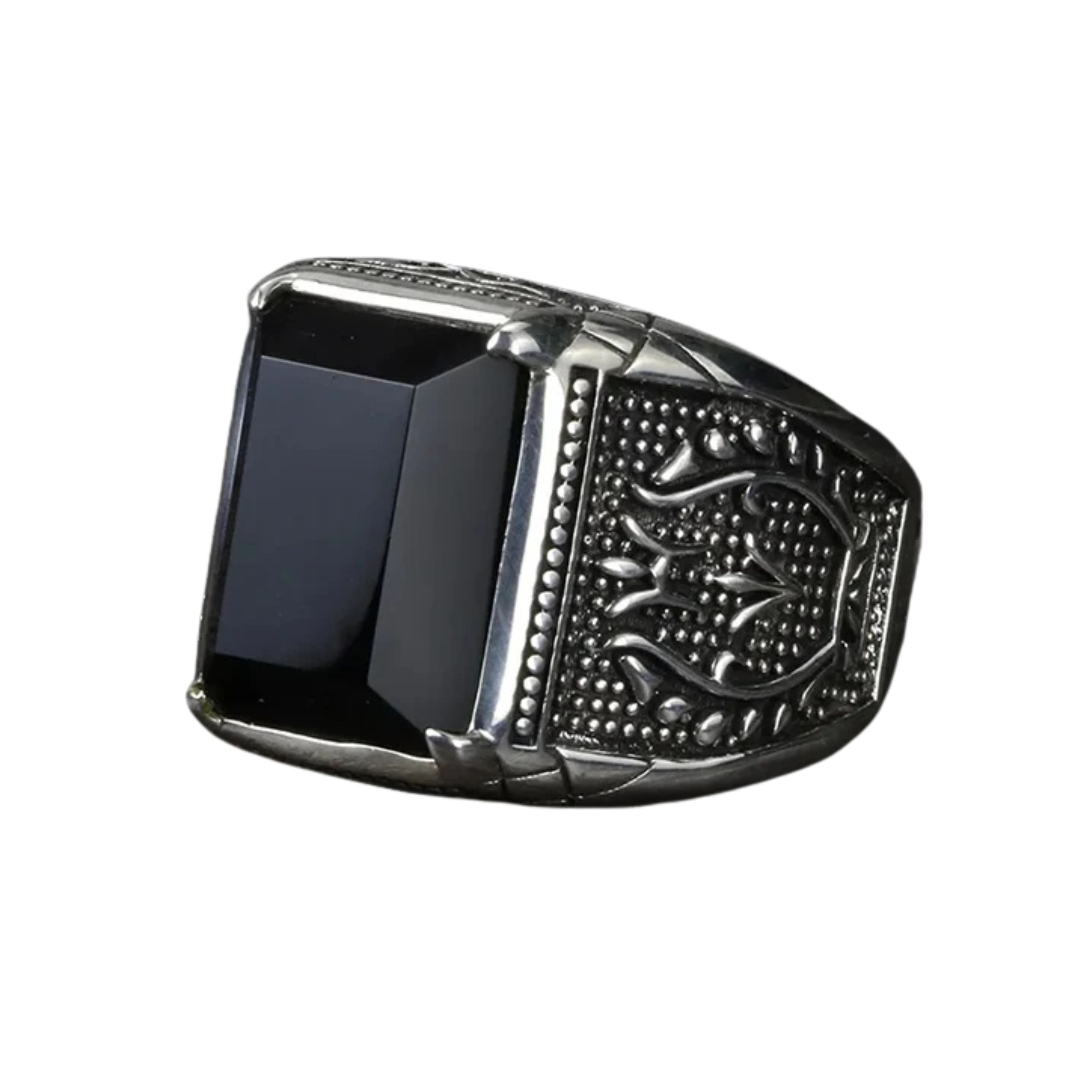 Men's vintage silver signet ring featuring a large rectangular black stone and engraved side patterns on a white background.