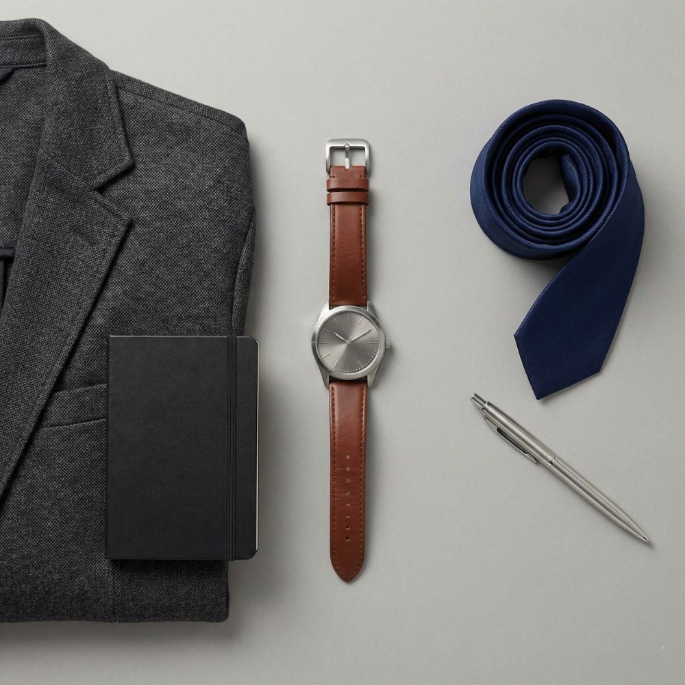 Men’s watch styled with a blazer, notebook, tie, and pen representing a formal outfit.