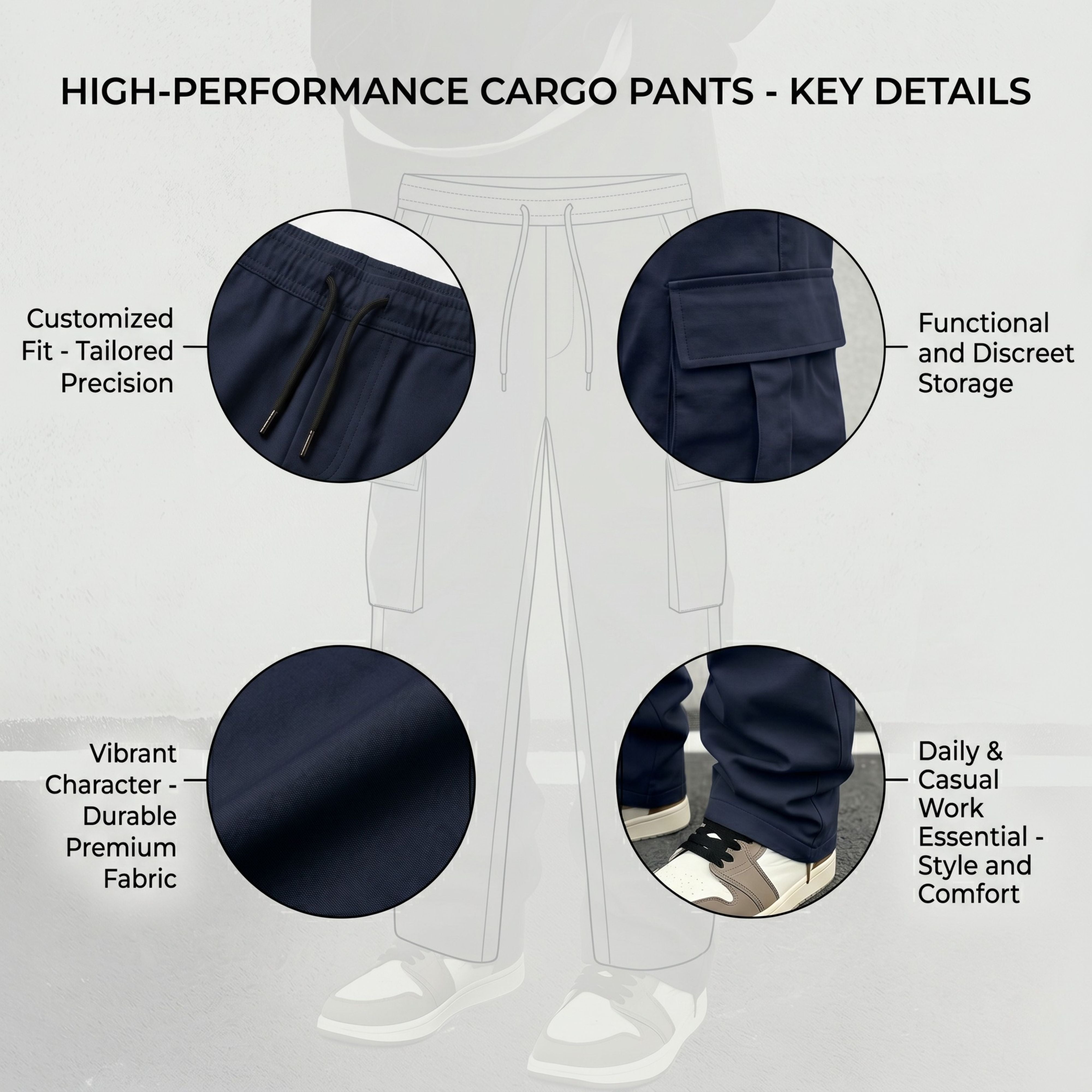 A product blueprint infographic titled High-Performance Cargo Pants Key Details highlighting the waistband drawstring, utility pockets, and technical tatting weave fabric