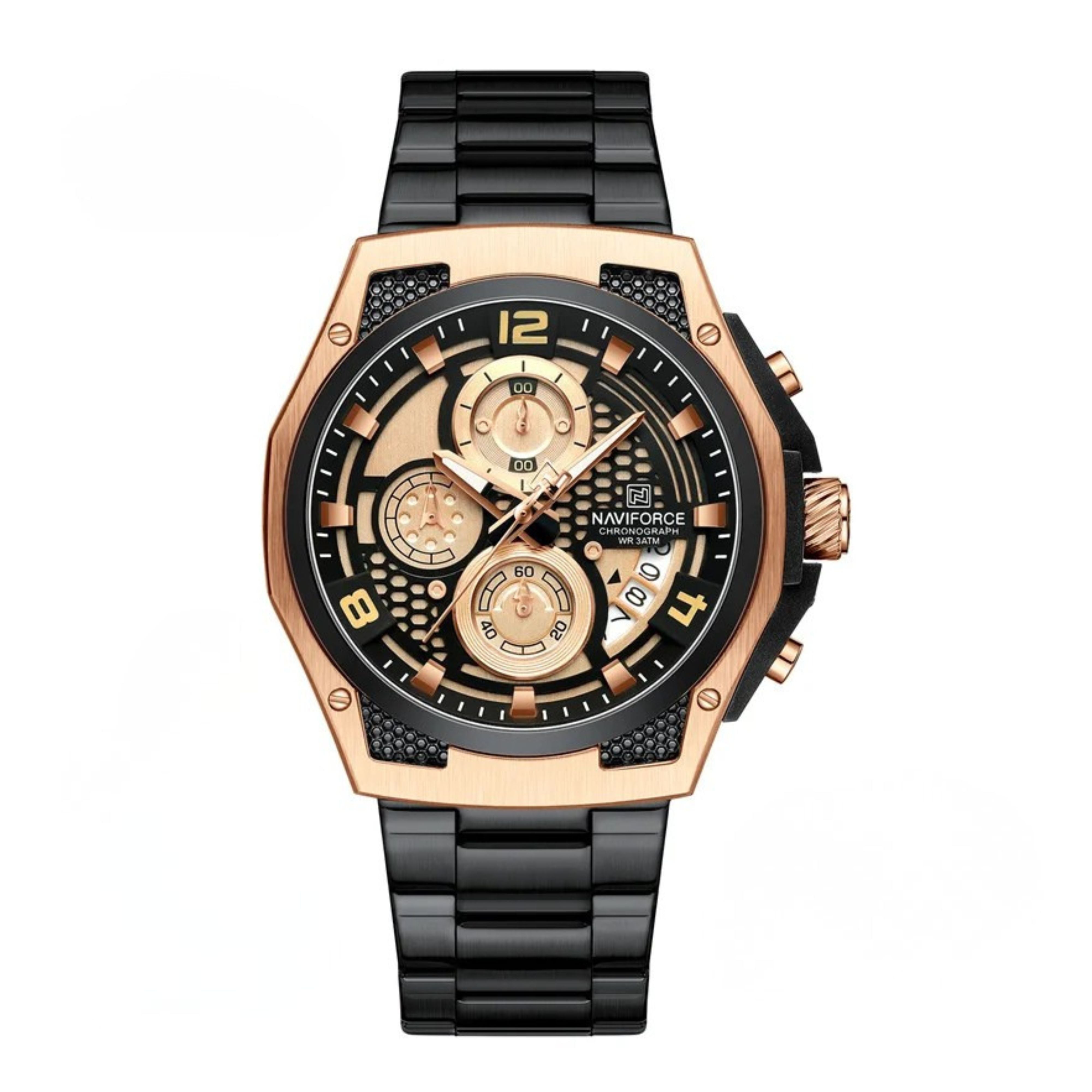 Front view of NAVIFORCE men's luxury chronograph watch with black links and rose gold case