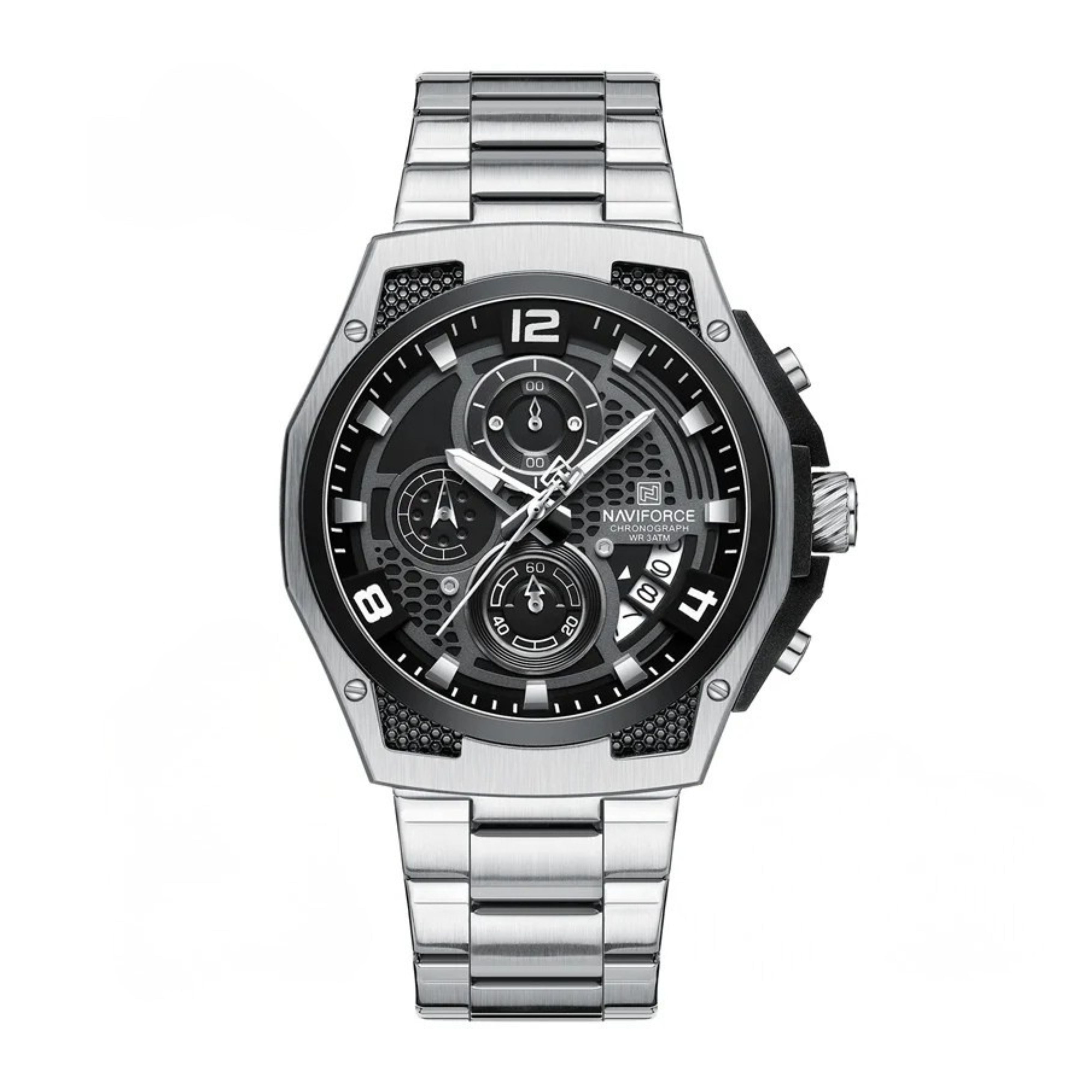 NAVIFORCE luxury business dress watch for men with silver steel links and black dial