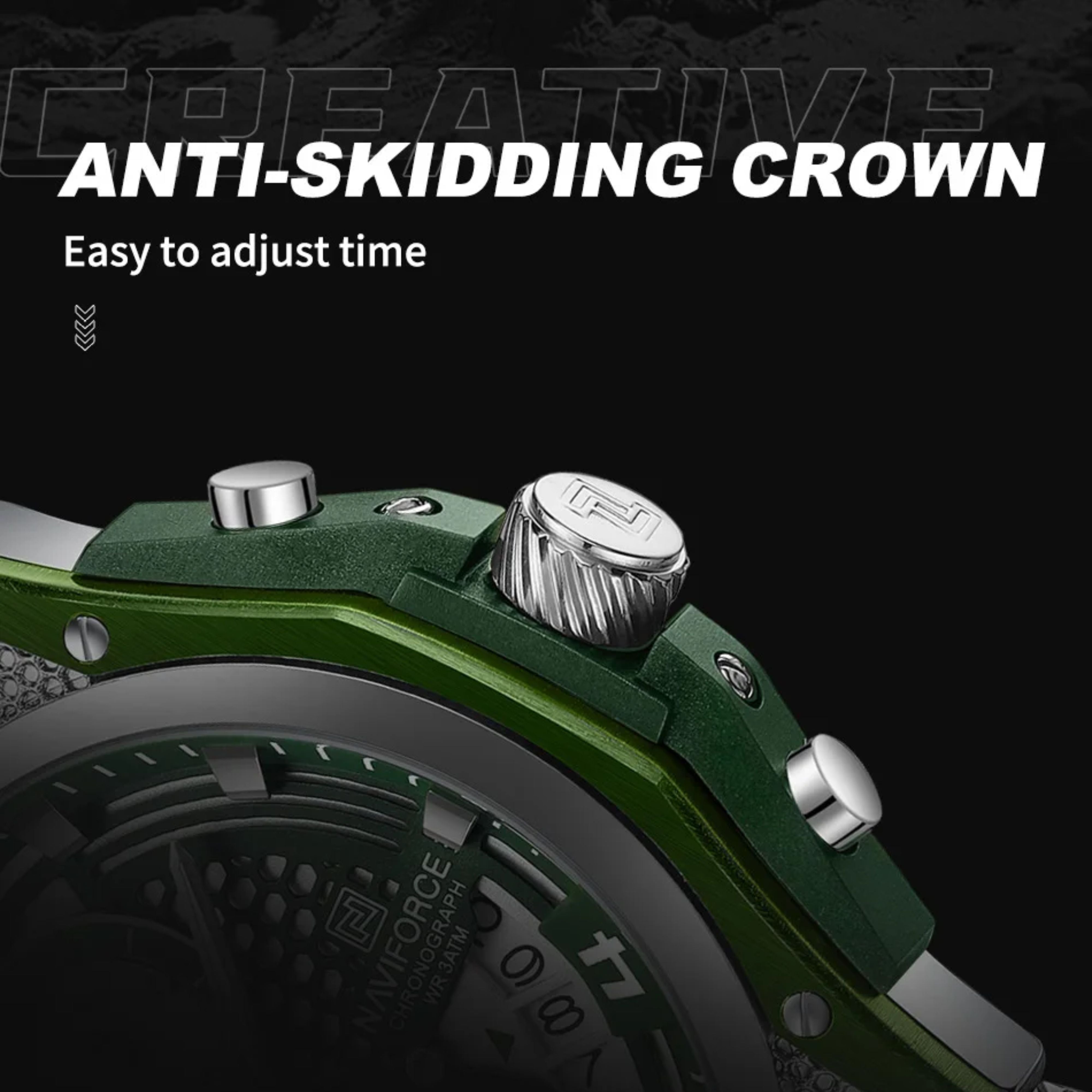 Detailed close up of the textured anti-skidding crown and tactical adjustment buttons on a NAVIFORCE watch