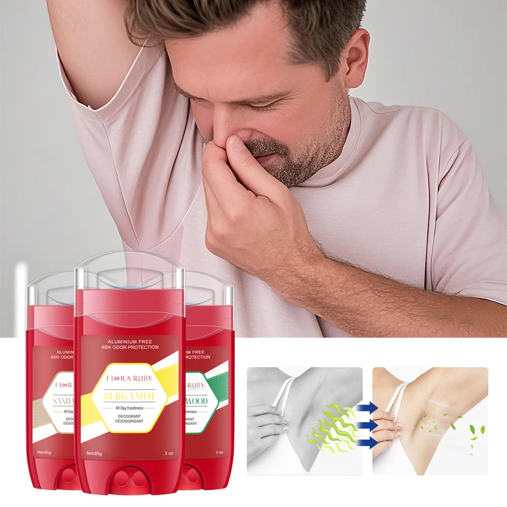 A man smelling his underarm freshness next to a tissue test demonstrating a clear, low-residue deodorant application
