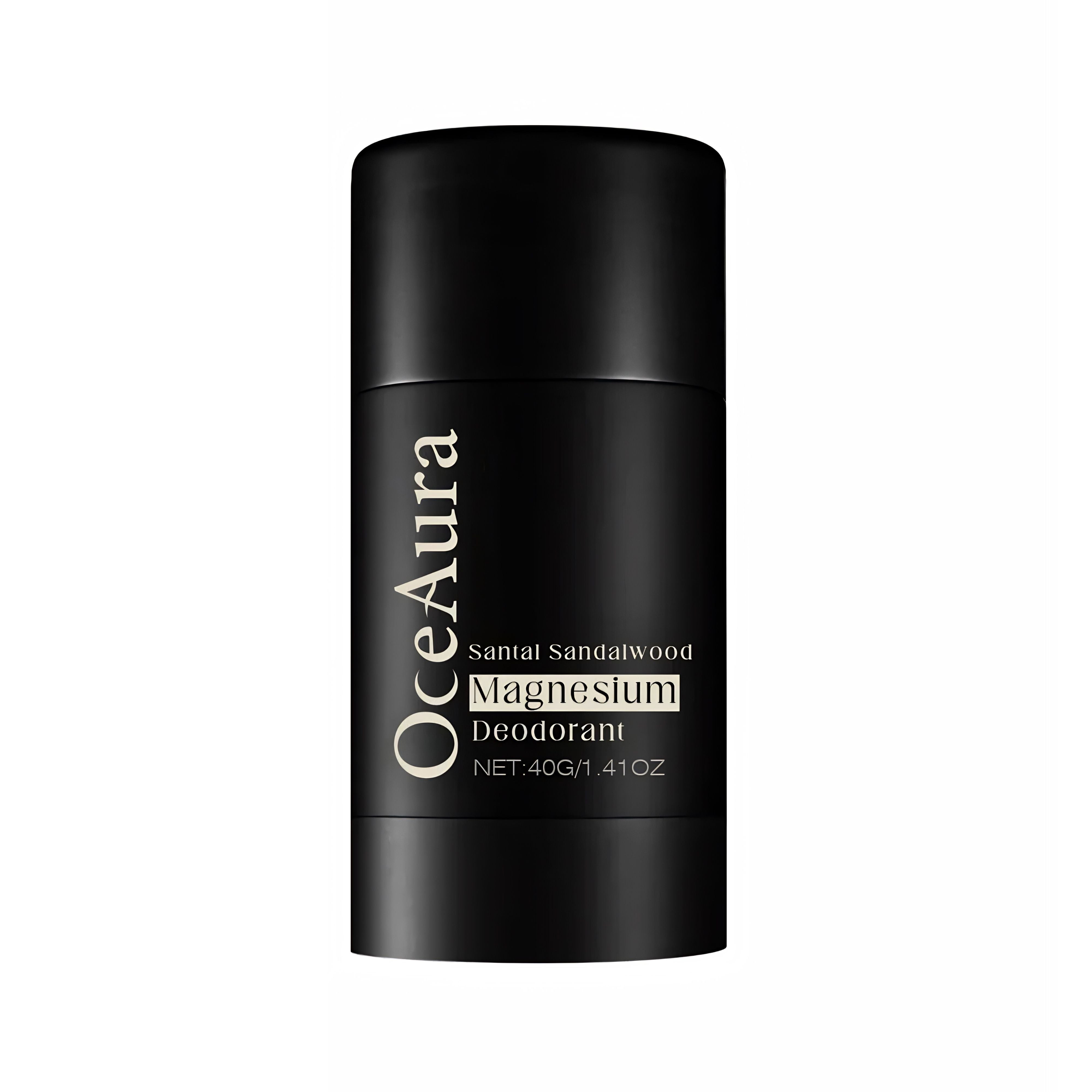 Studio shot of a black OceAura Magnesium Deodorant stick with gold text on a clean white background