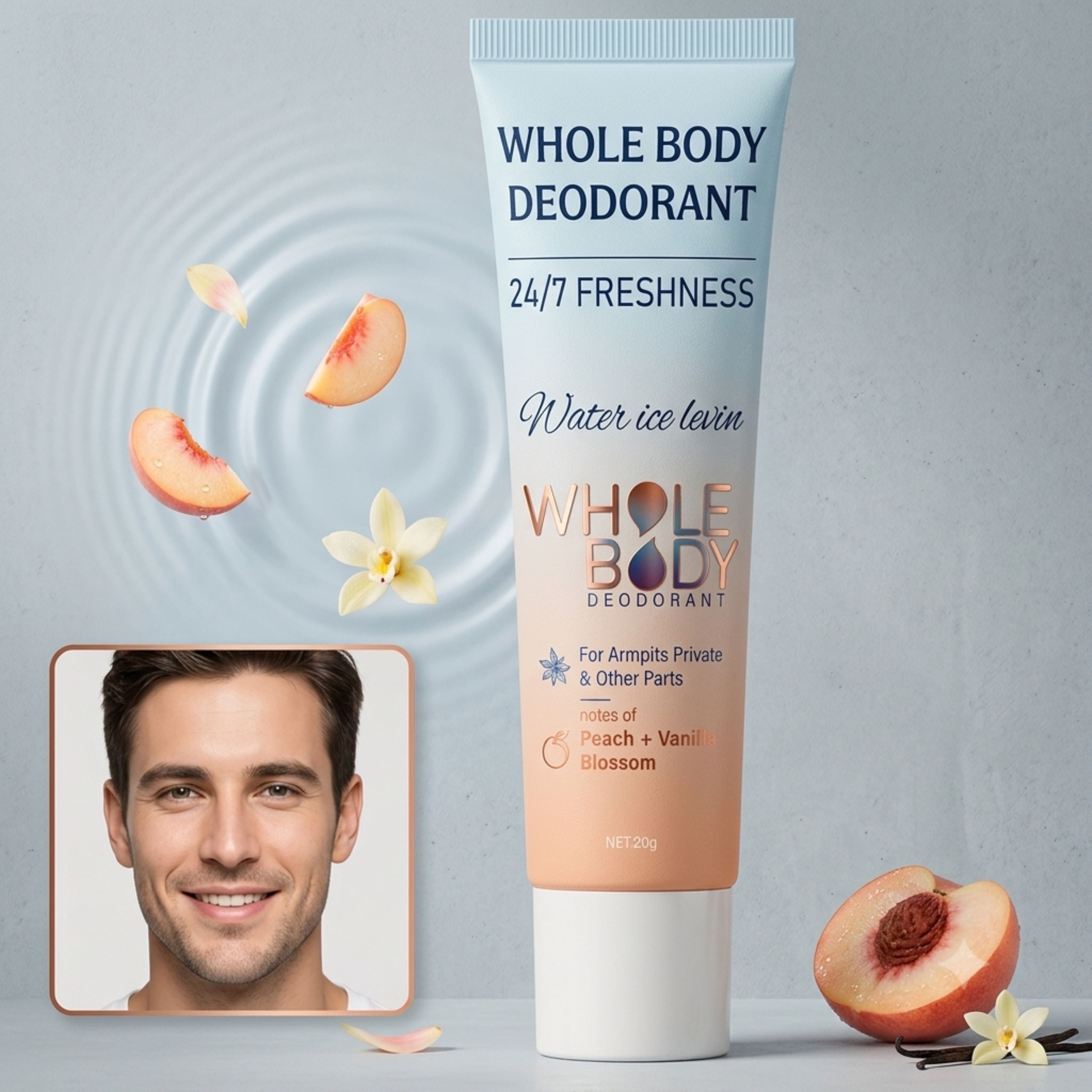 A tube of body deodorant cream surrounded by water ripples, a fresh peach, and a vanilla flower highlighting the ingredients