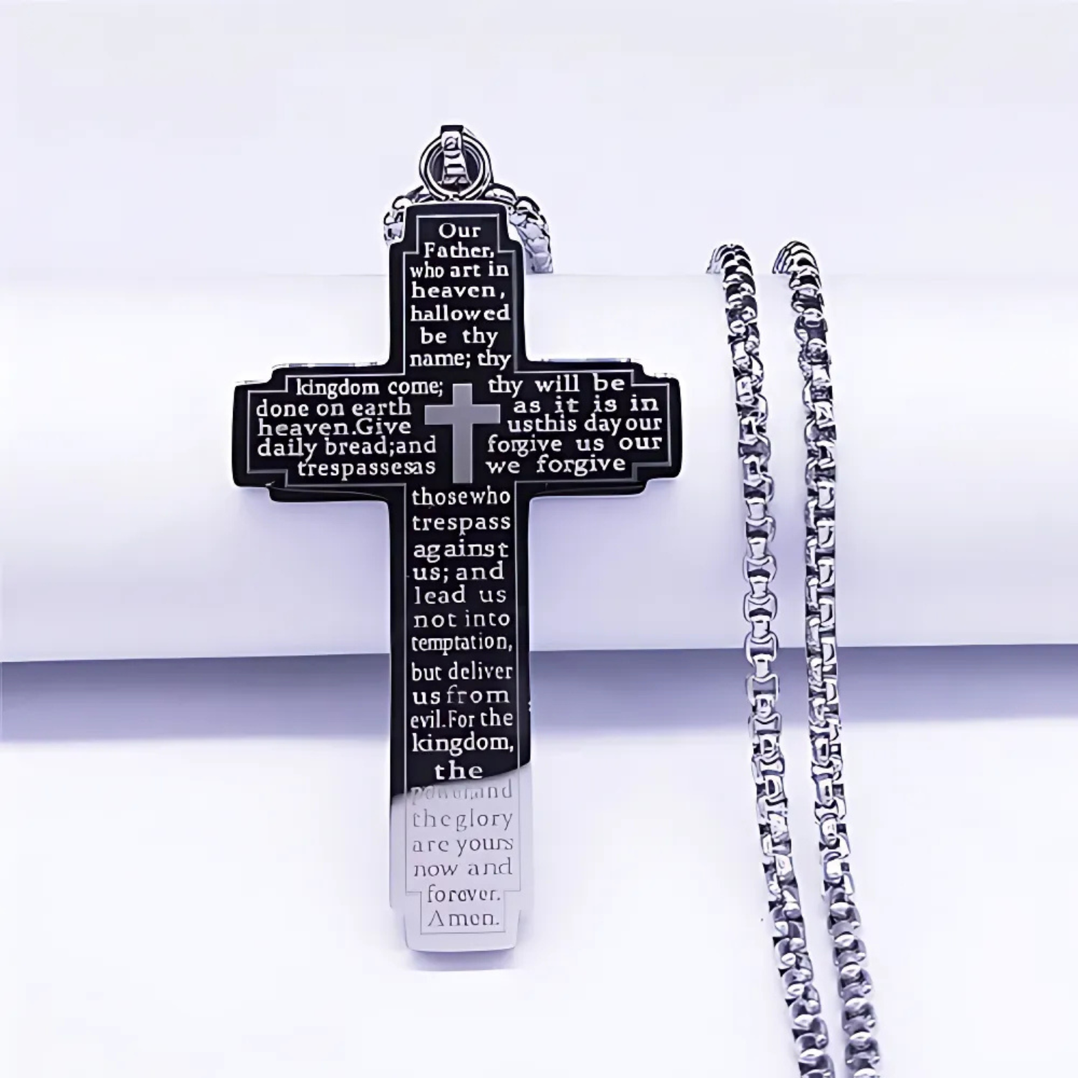 Black stainless steel cross necklace front view – The Crew
