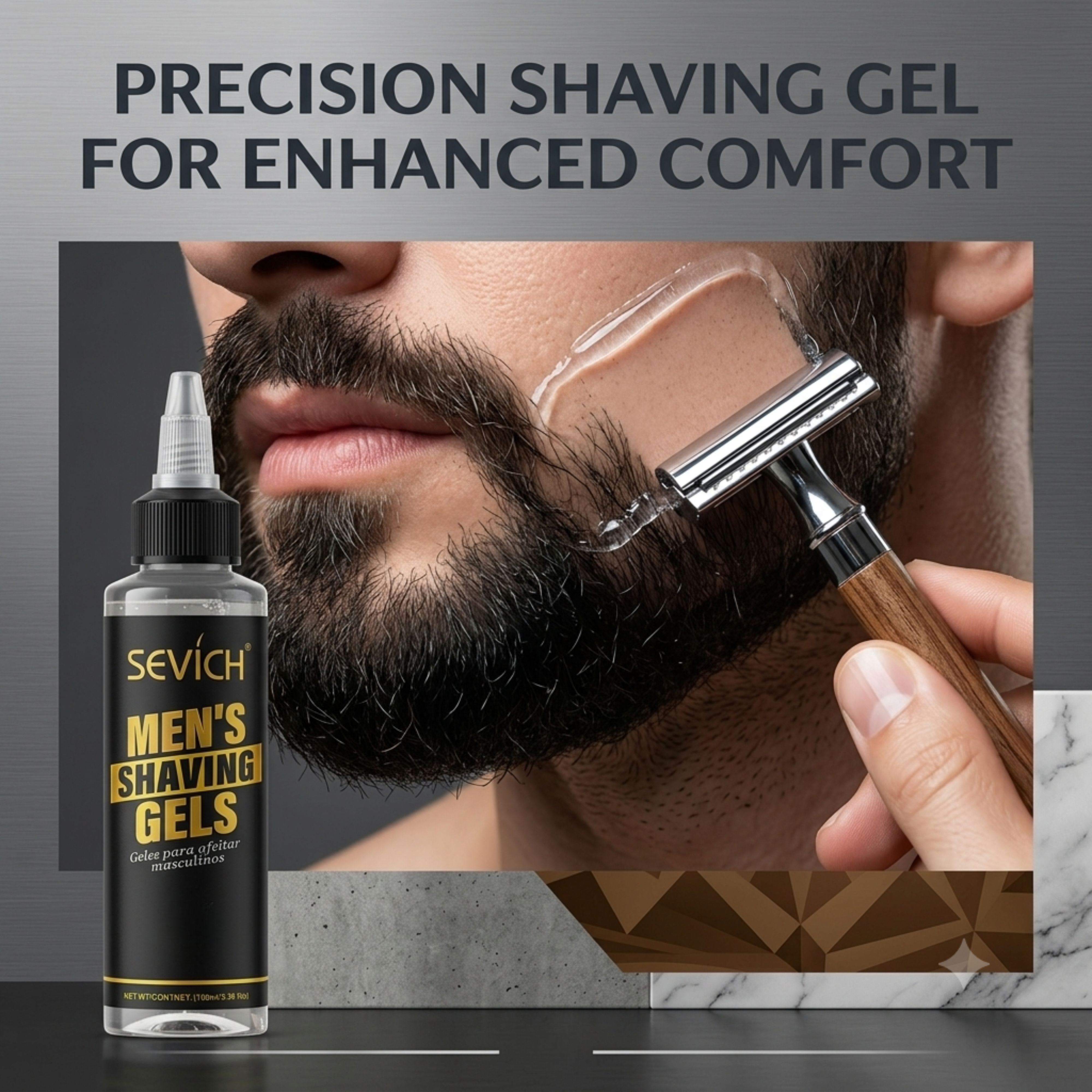 Close-up of a man applying Sevich transparent gel to his beard for a high-precision shave and maximum comfort