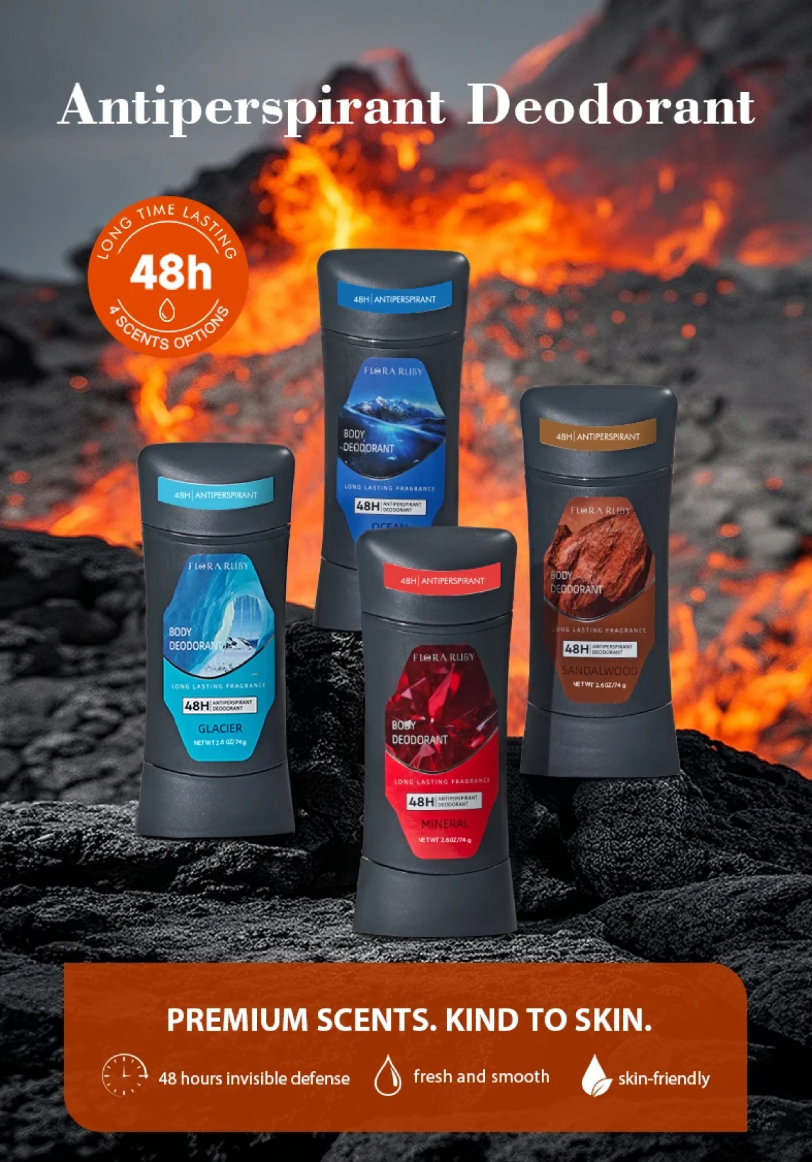 Four different colored men's deodorant sticks displayed over a volcanic fire and lava background promoting 48h protection
