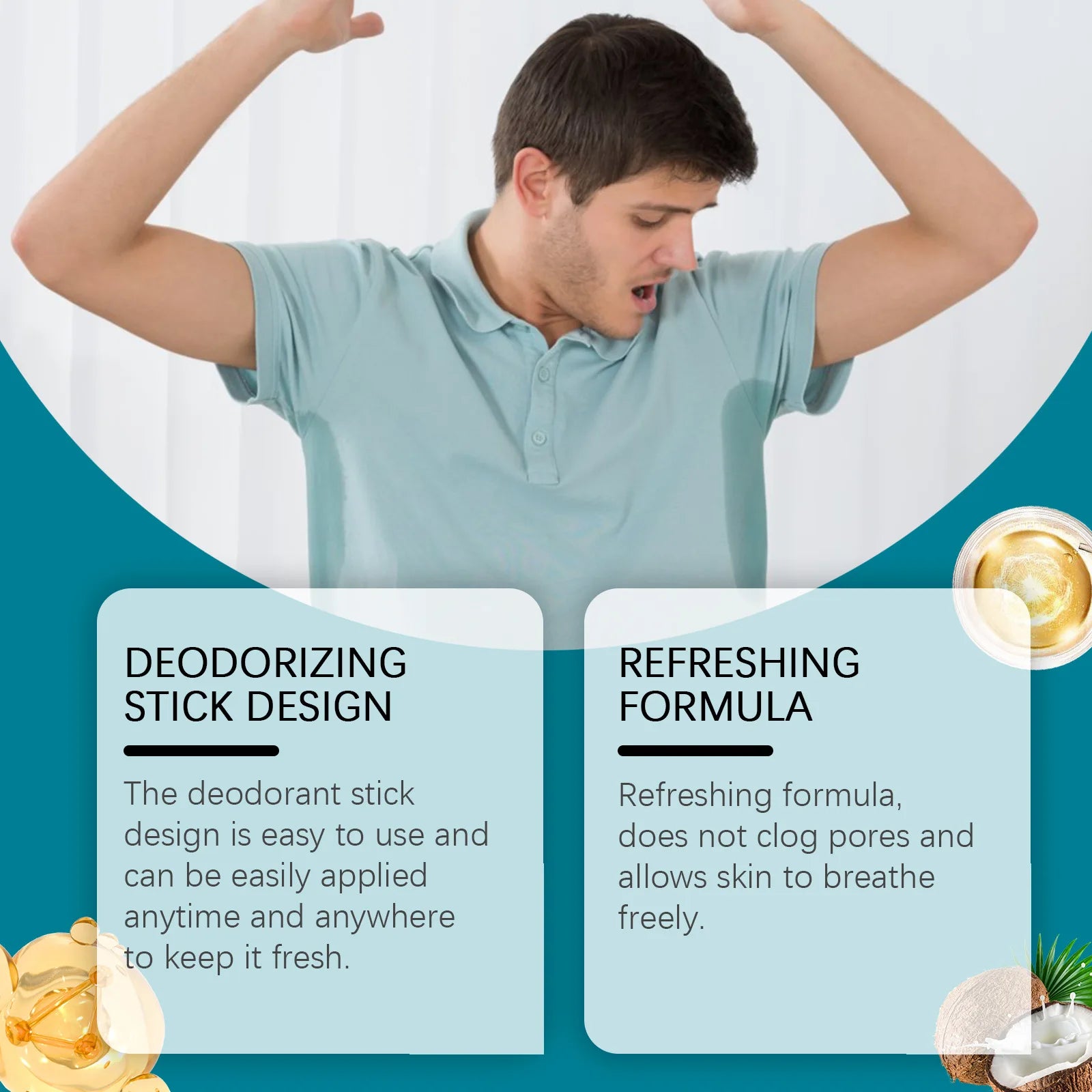 A man checking his underarm freshness next to text boxes highlighting the easy-to-use stick design and non-sticky refreshing formula