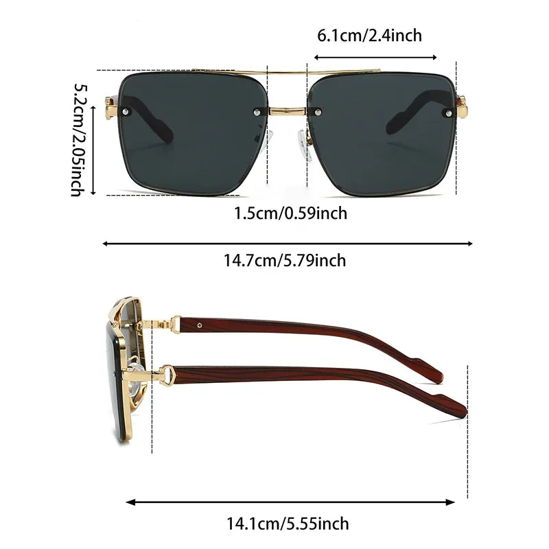 Size guide and dimensions for retro square metal sunglasses showing front width, lens height, and temple length.