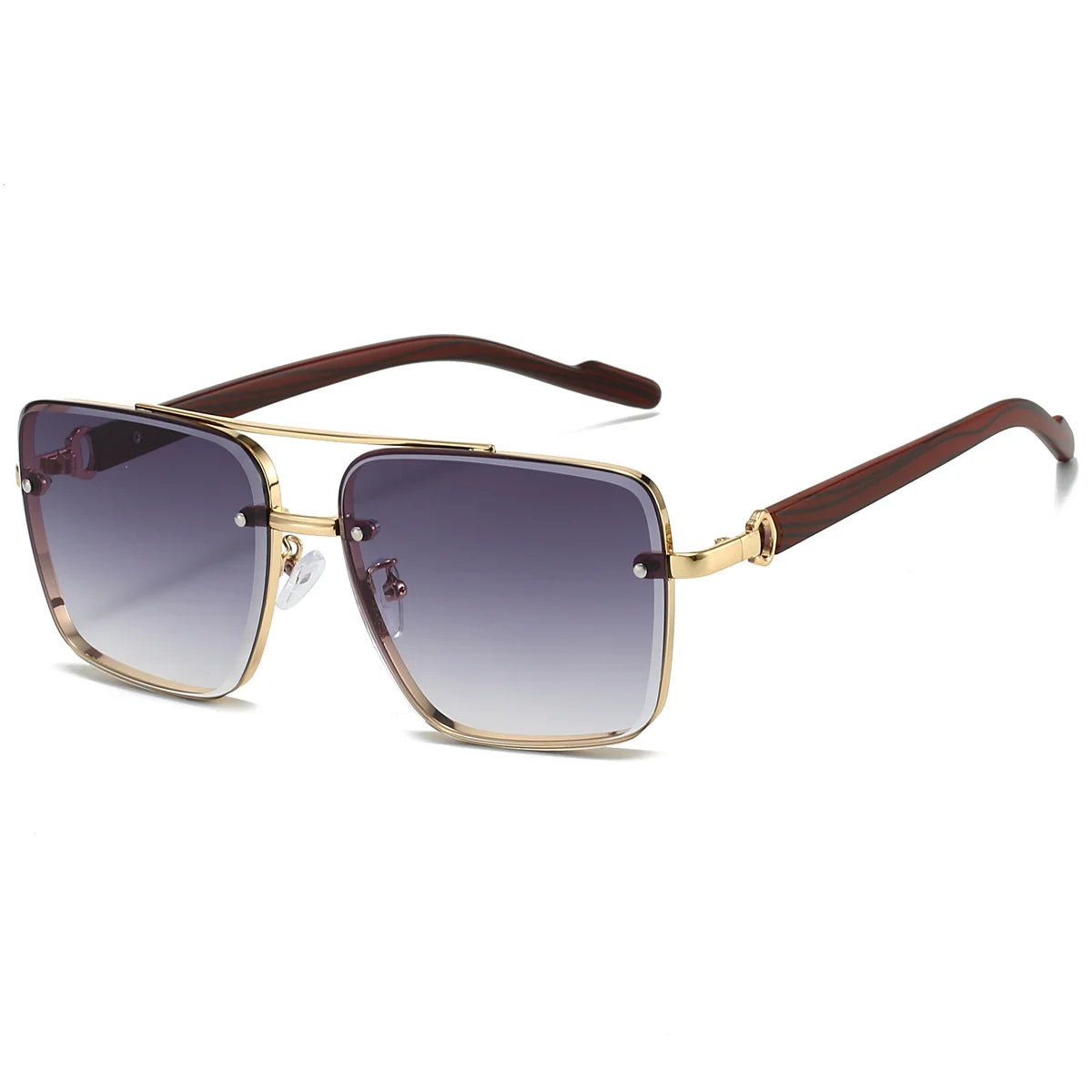 Retro square metal sunglasses with double bridge, wood temples, and gradient grey lenses.