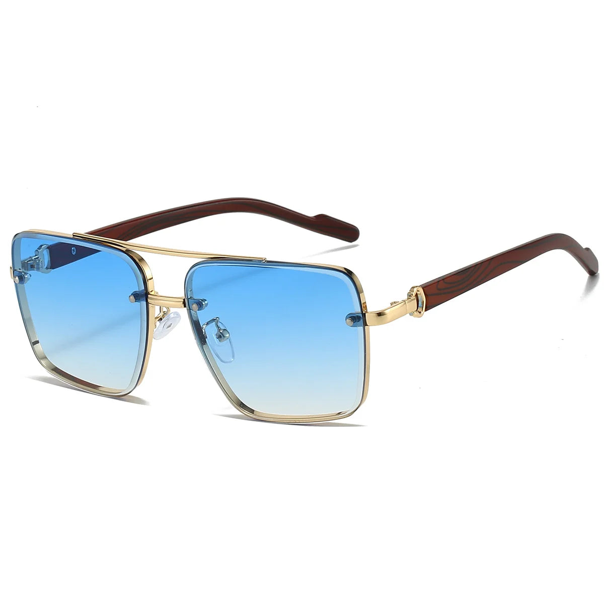 Retro square metal sunglasses with double bridge, wood temples, and gradient light blue lenses.