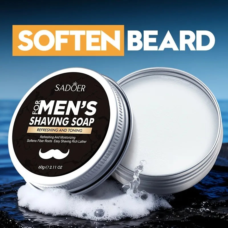 Sadoer Men's Shaving Soap tin resting on water splash bubbles with bold Soften Beard graphic text