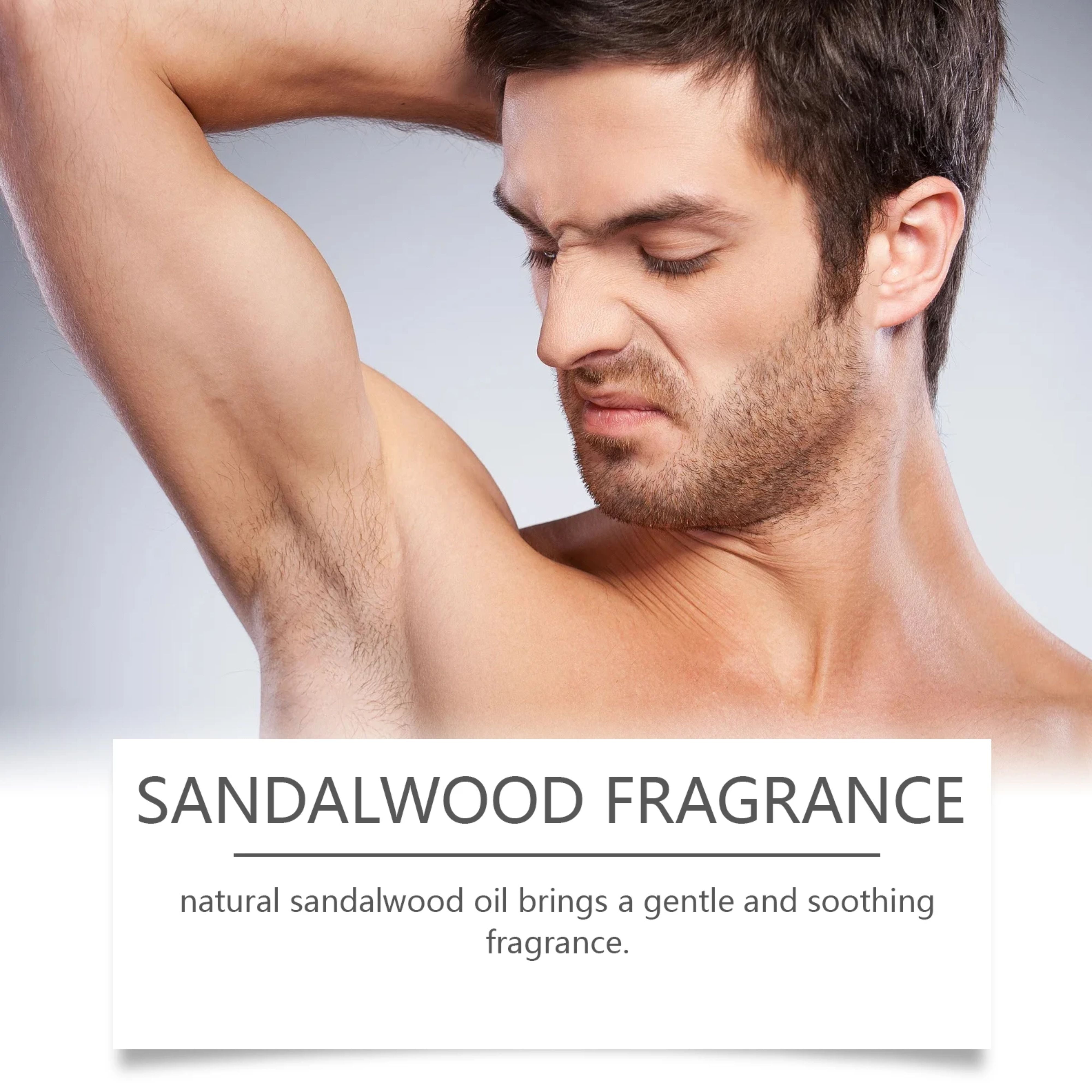 A man checking his underarm freshness, featuring the text Sandalwood Fragrance for gentle and soothing underarm protection