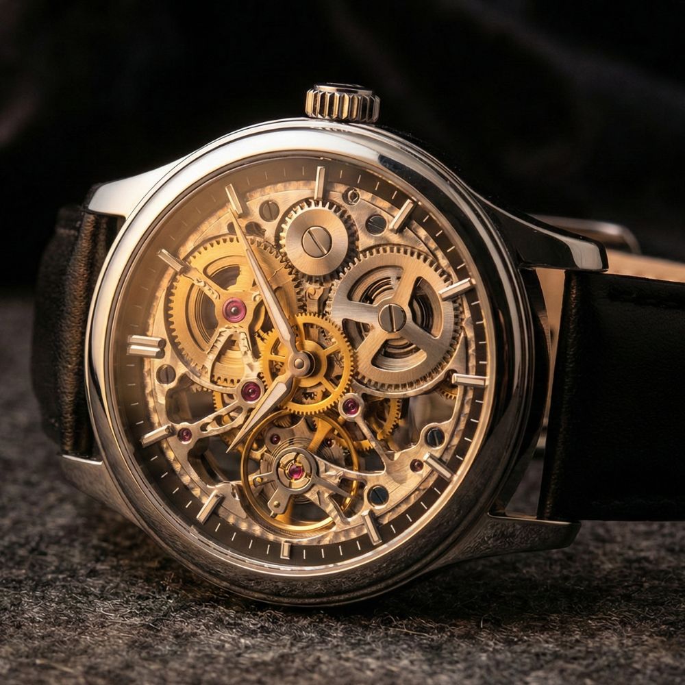 Skeleton men’s watch showing its internal movement and artistic design.