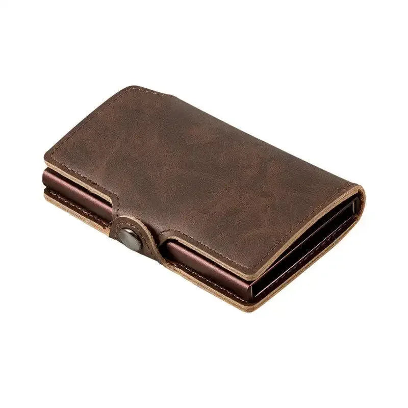Smiley Sunshine pop-up smart wallet in coffee brown split leather, featuring a metallic inner core frame and a leather hasp snap button closure