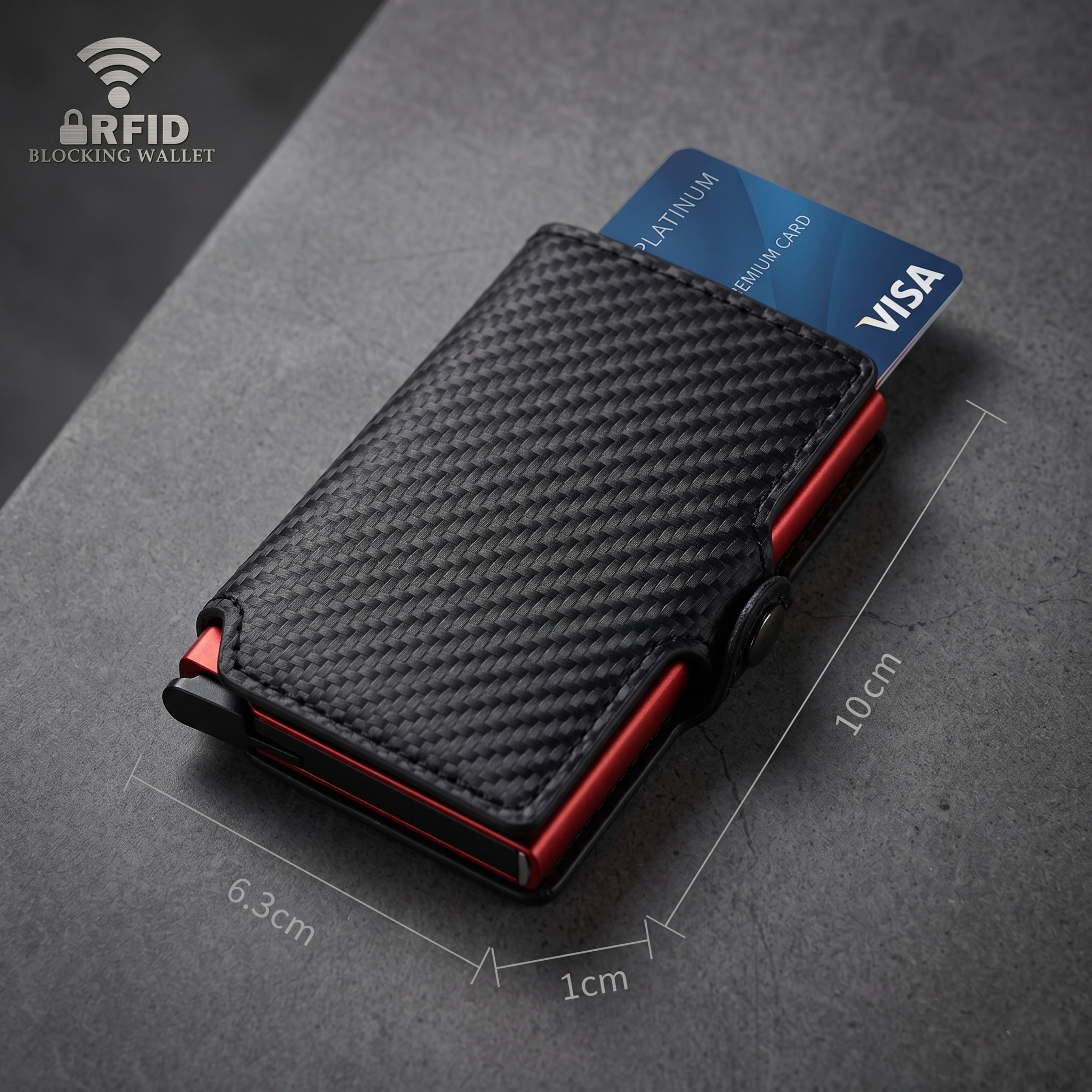 A premium Smiley Sunshine smart card holder variant showing a textured black carbon fiber weave pattern shell with a dynamic anodized red core frame