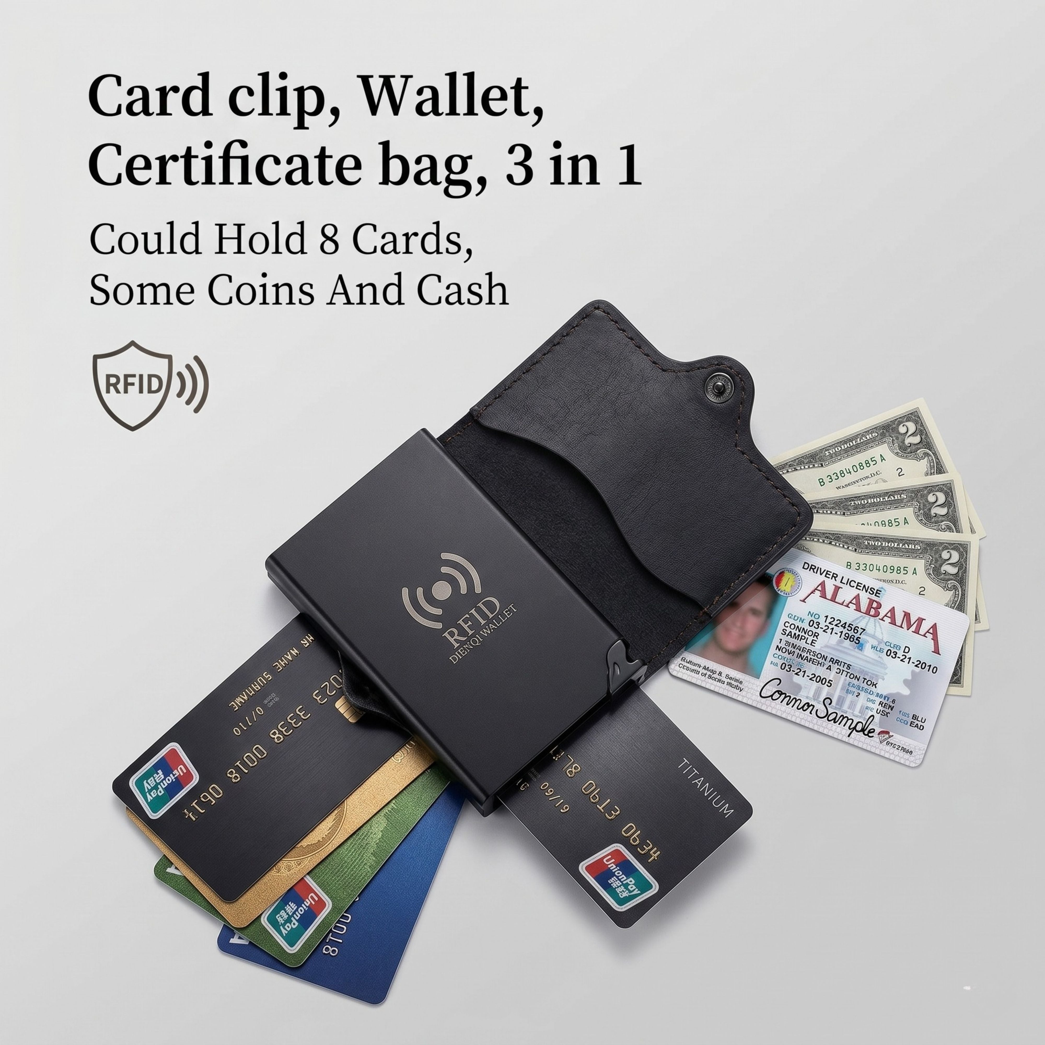 An infographic diagram titled Card clip, Wallet, Certificate bag, 3 in 1 showing a black smart wallet holding 8 cards, coins, and dollar bills