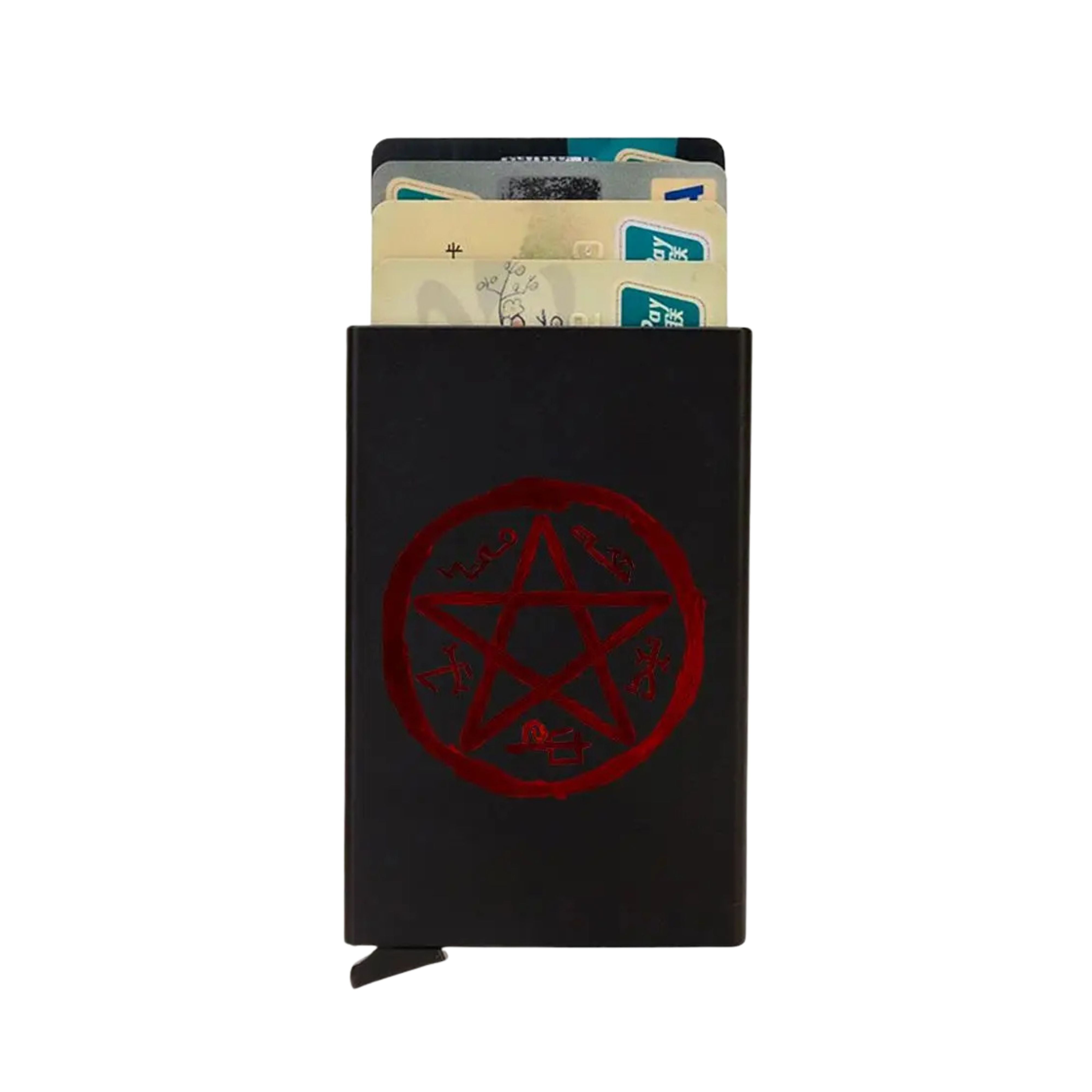 ZeAiLi automatic mechanical card wallet detailed with a bold red anti-possession pentagram protective sigil symbol centered on a black aluminum body
