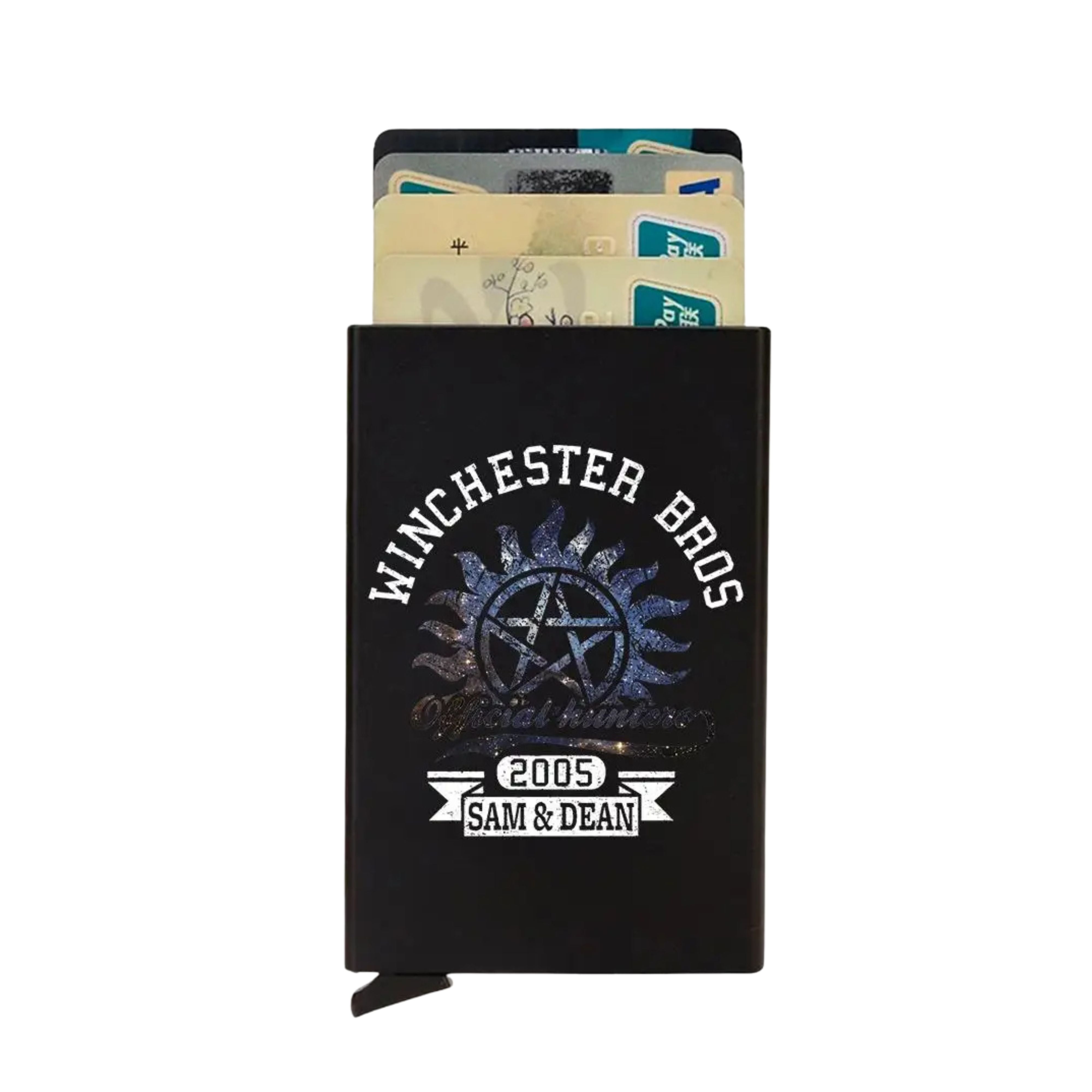 ZeAiLi automatic pop-up wallet printed with the text Winchester Bros Saving People Hunting Things on a matte black background