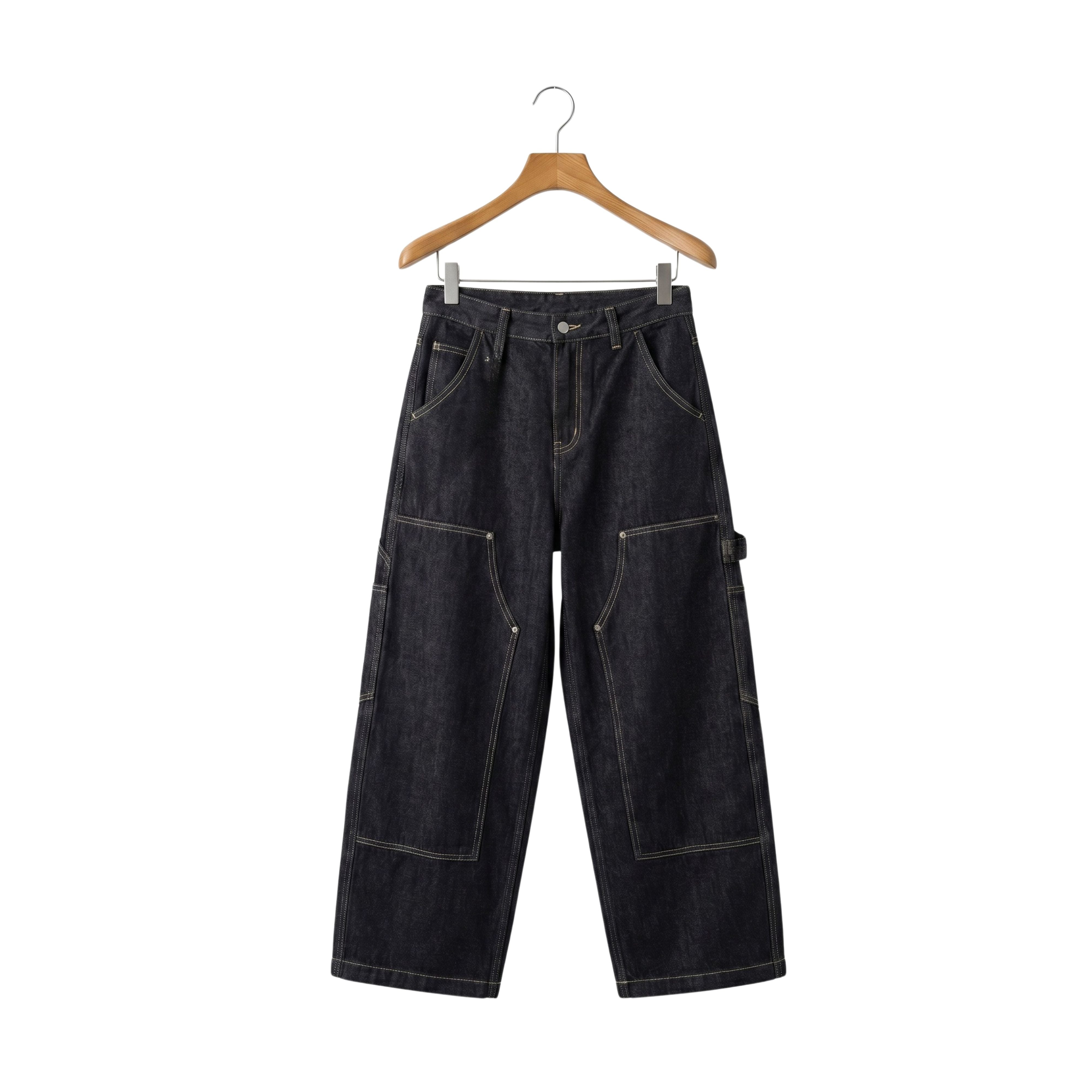 Washed black high-street denim pants with white accent contrast stitching and heavy utility front pockets.