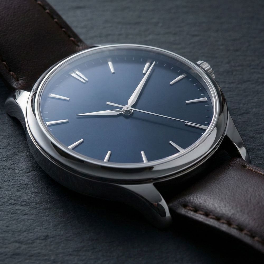 Men’s watch with a timeless and elegant design displayed on a minimal surface.