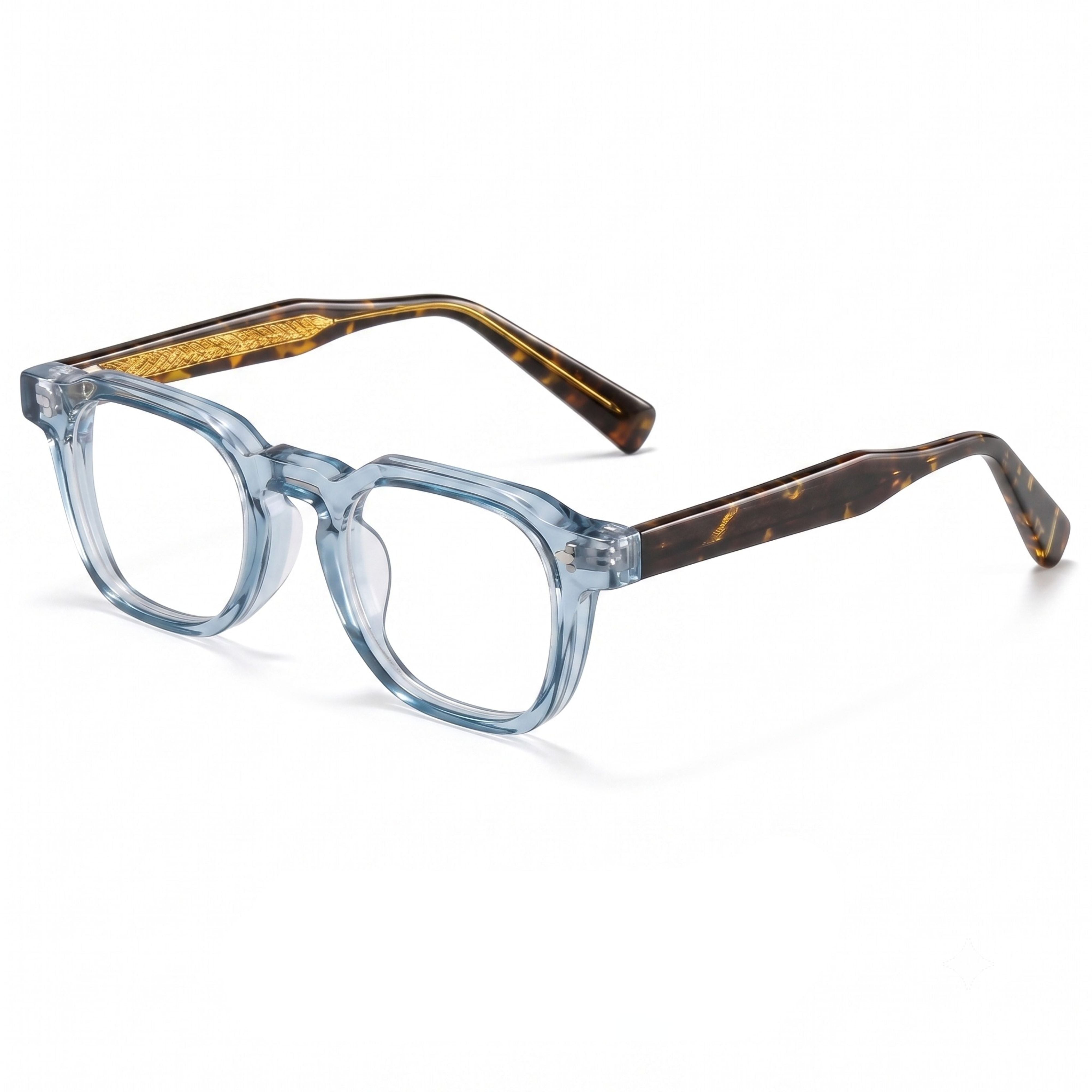 Square design eyeglasses with translucent light blue frames.