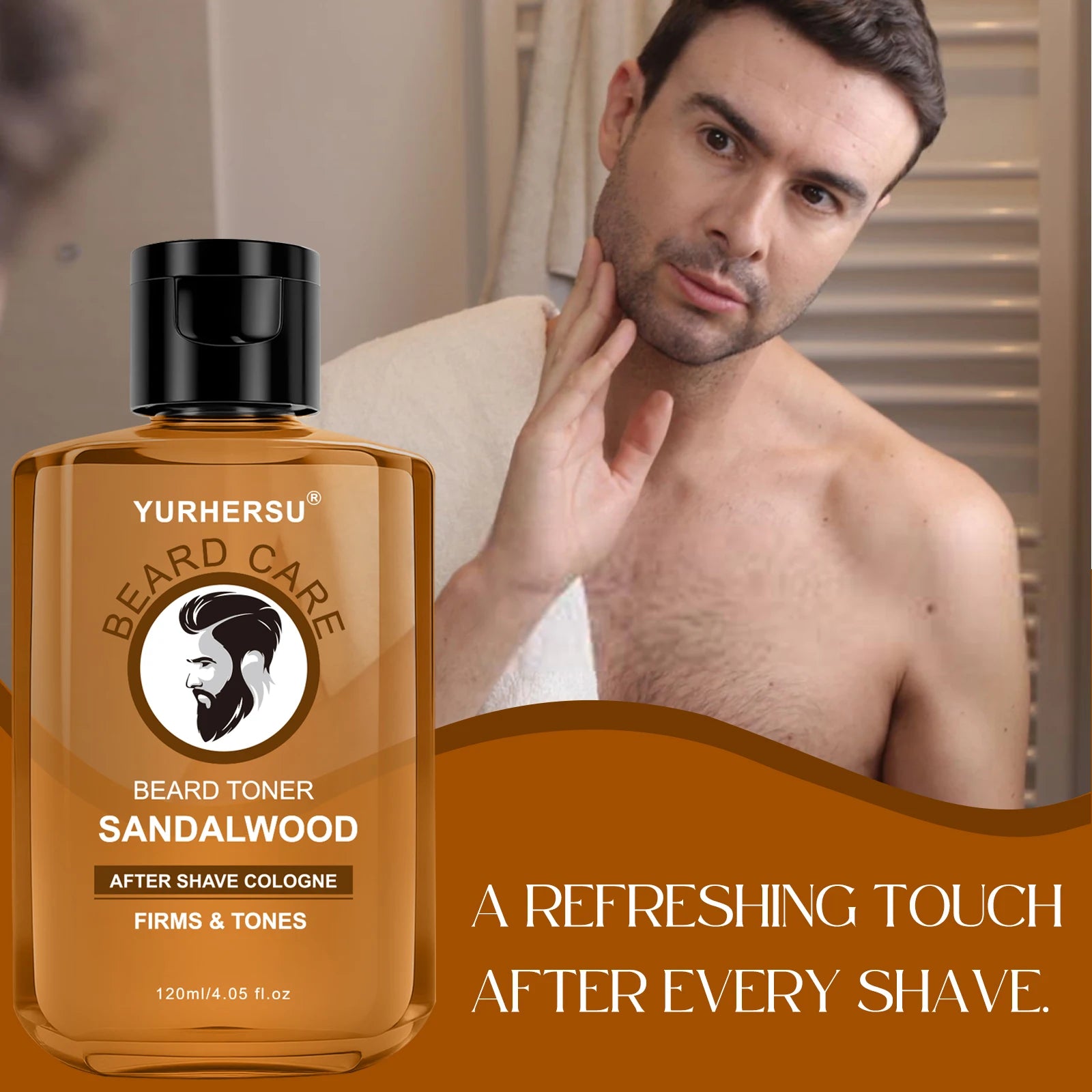 Man touching his smooth neck next to a bottle of Yurhersu Sandalwood aftershave toner with refreshing touch text