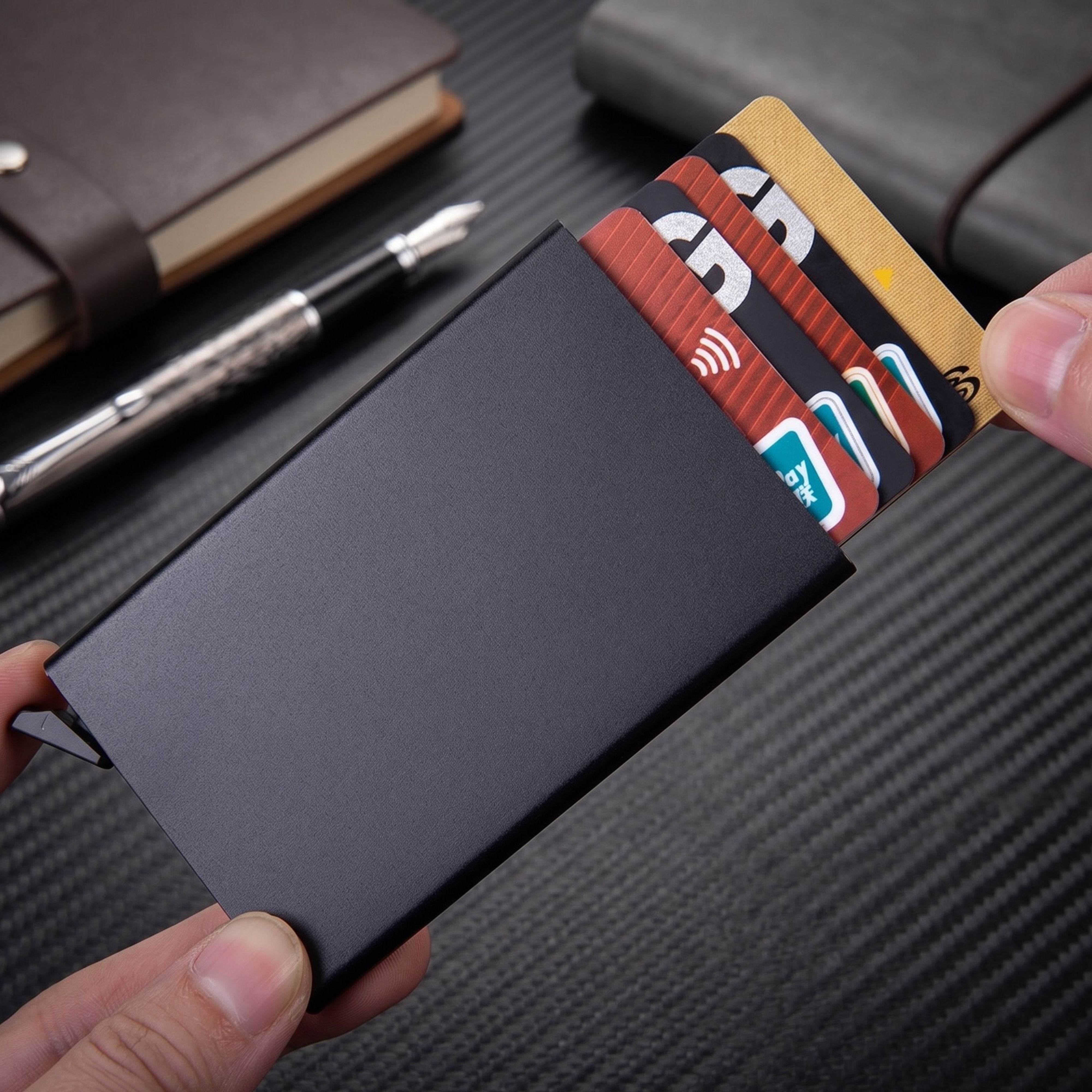 Close-up view of credit cards fanning out smoothly from the top of the matte black ZeAiLi RFID blocking aluminum case chamber