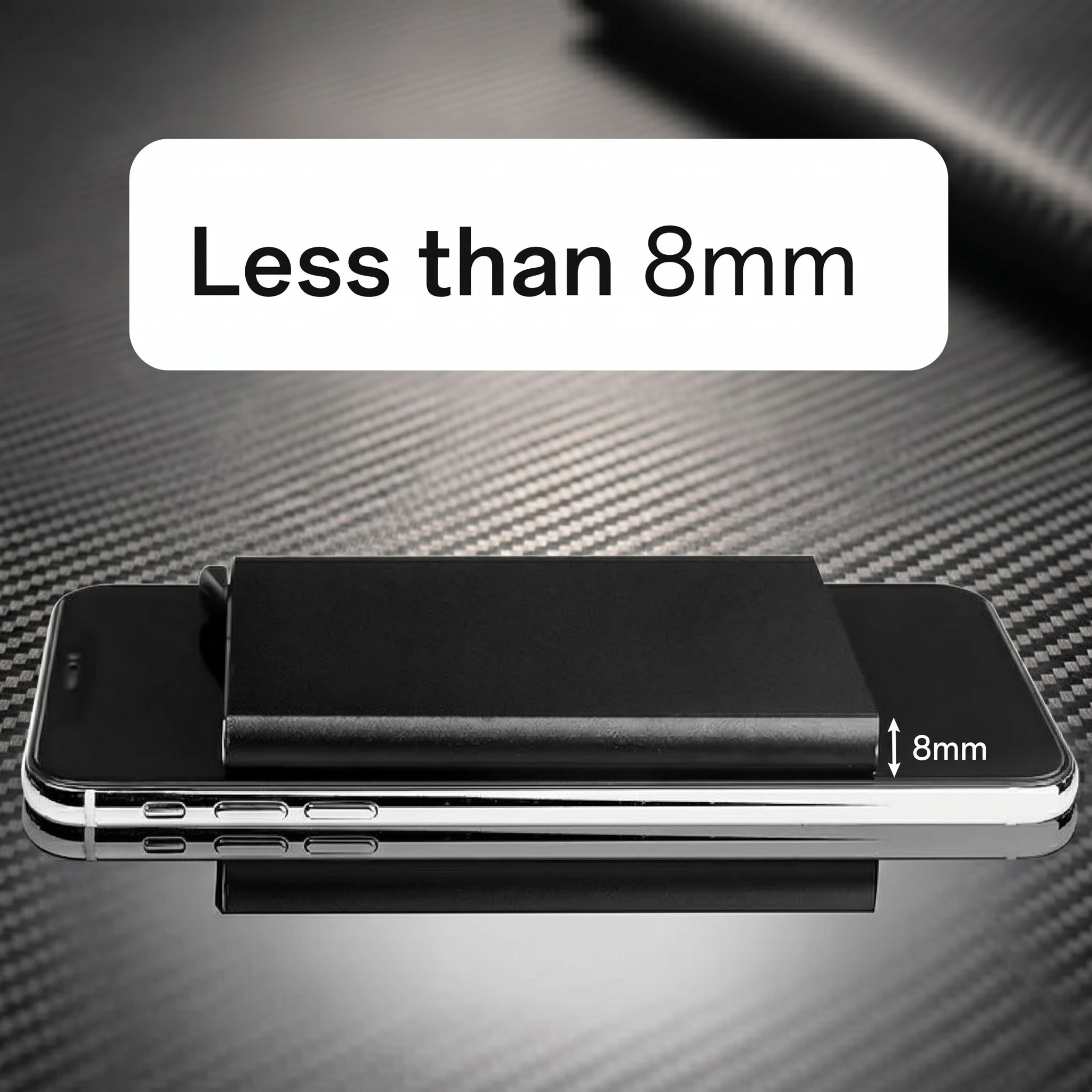 Product comparison slide proving the ultra-slim profile of the wallet stacked on a smartphone, explicitly labeled Less than 8mm