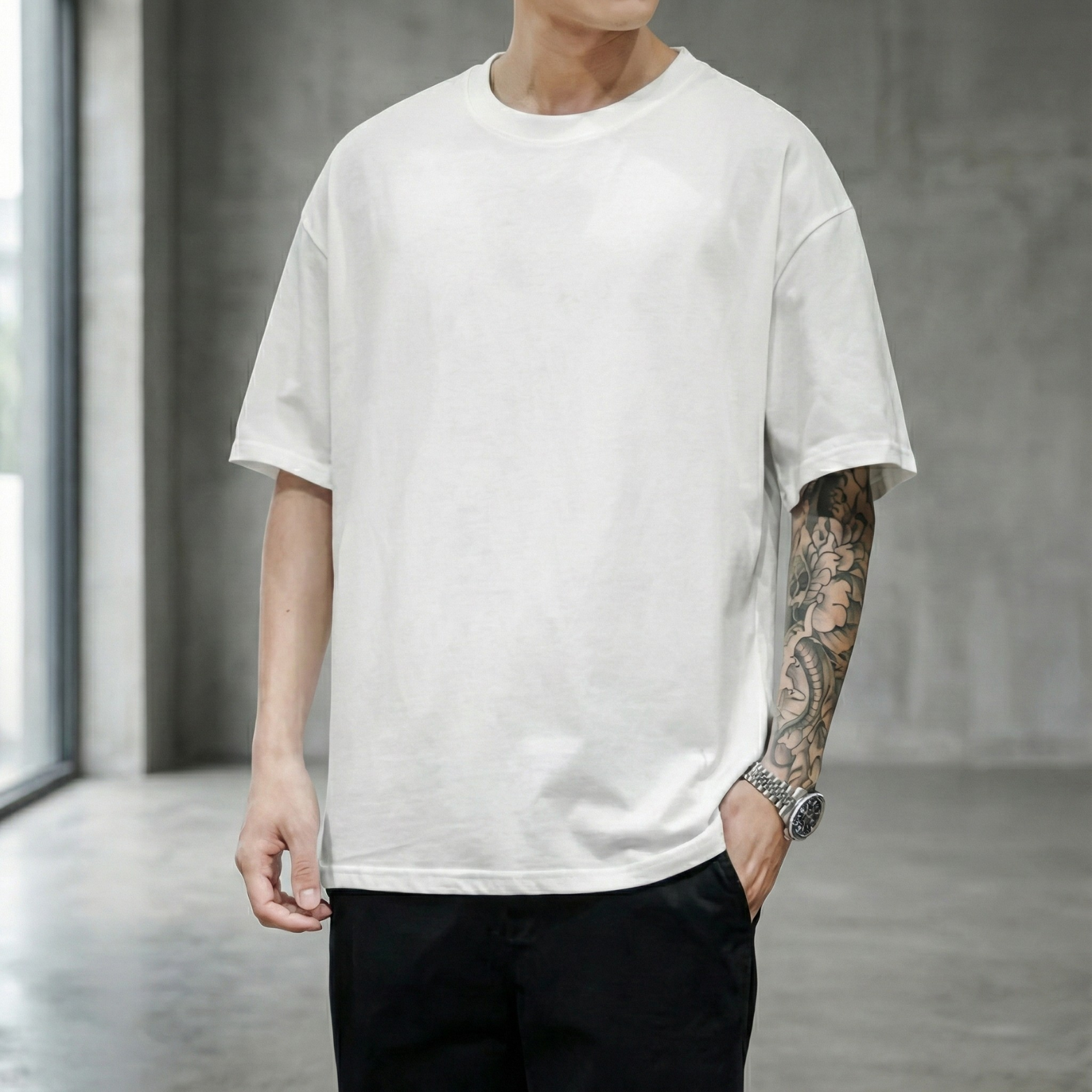 Men’s Oversized White Streetwear T-Shirt – Side View – The Crew