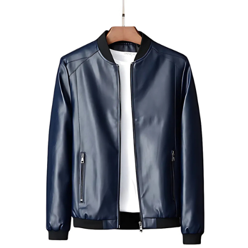 Navy blue PU leather jacket front men – The Crew