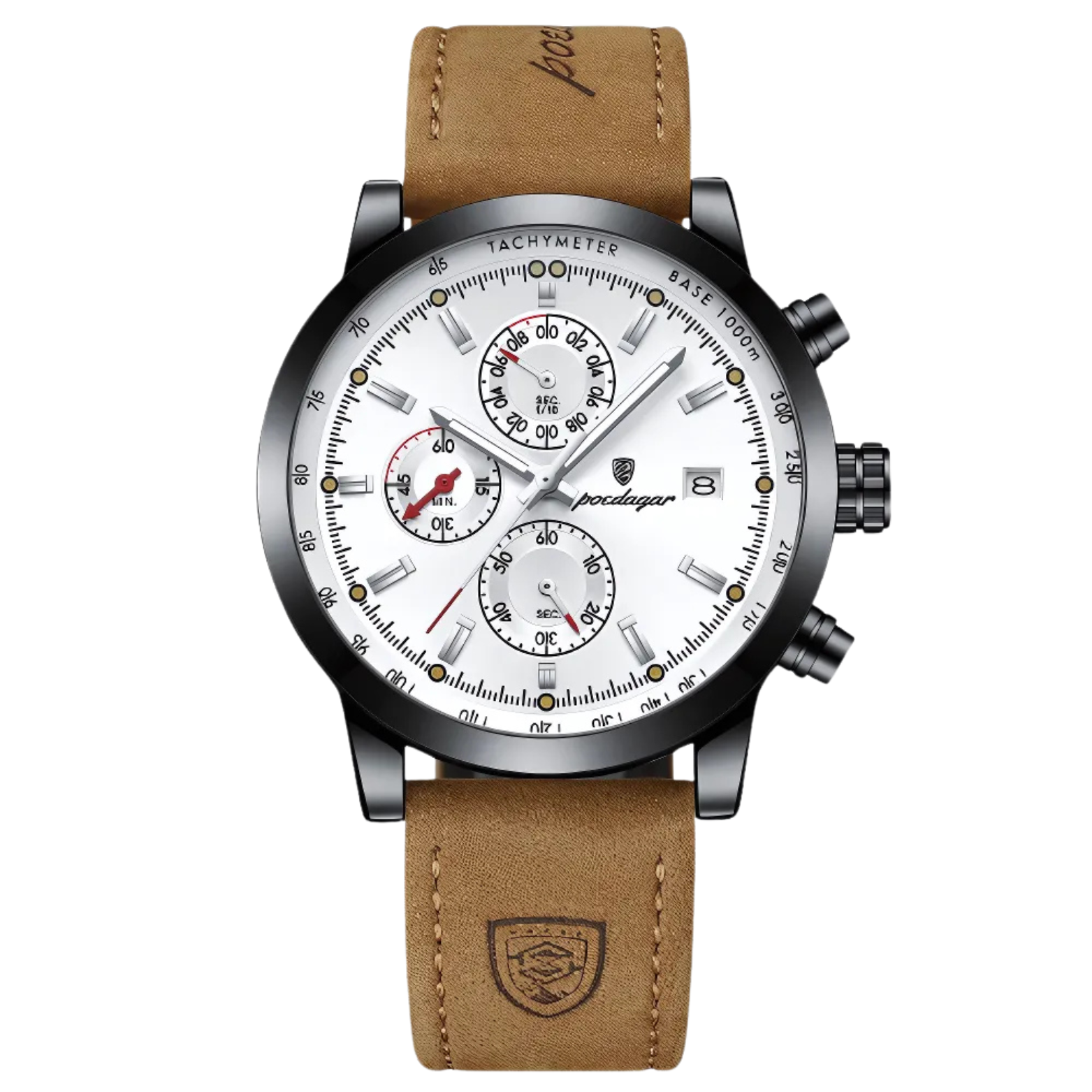 POEDAGAR 932 Leather Chronograph White Dial Front – The Crew