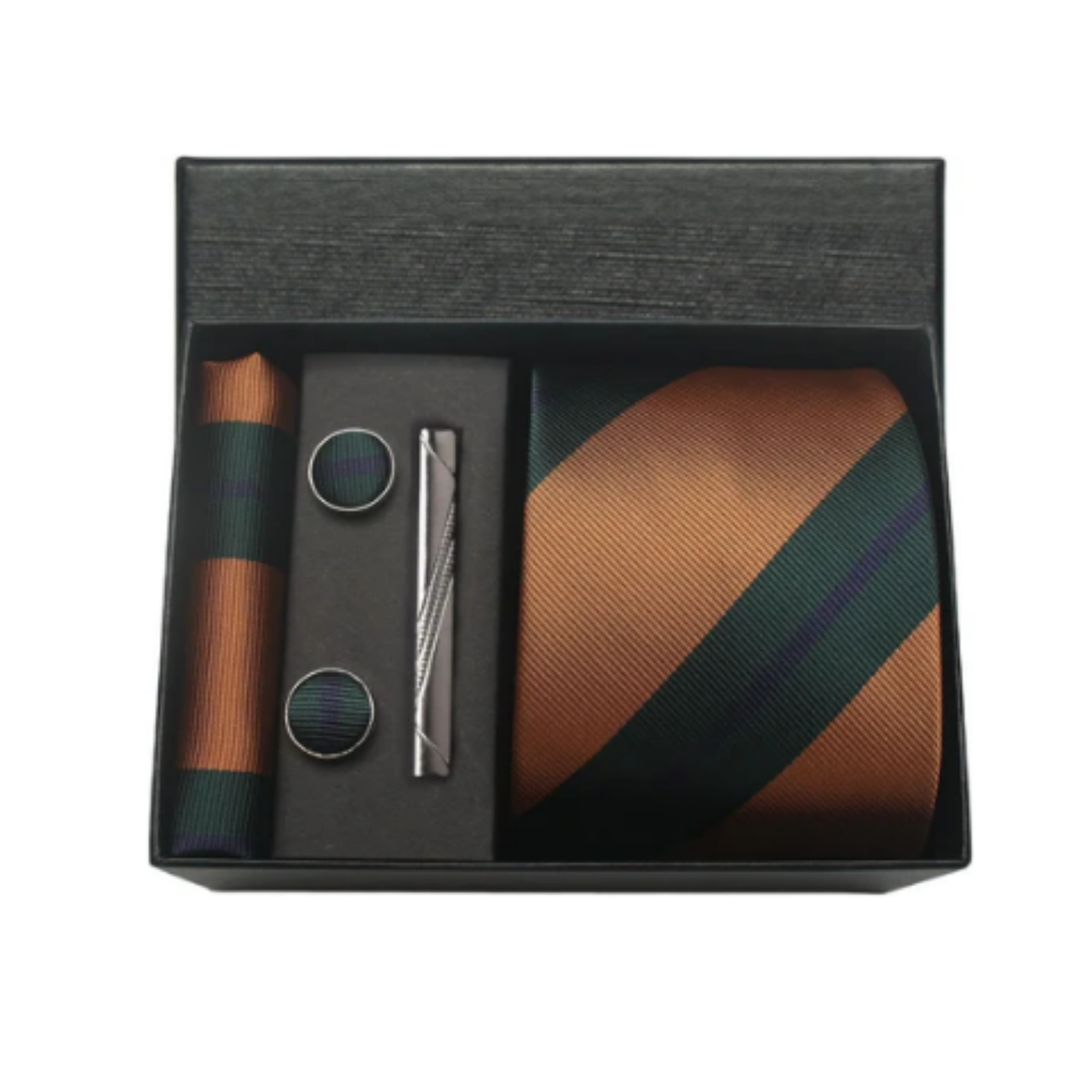 Brown silk tie set with tie clip and cufflinks – The Crew