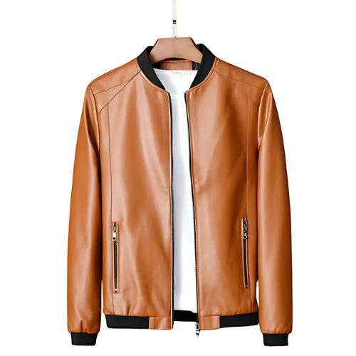 Brown PU leather biker jacket front – The Crew