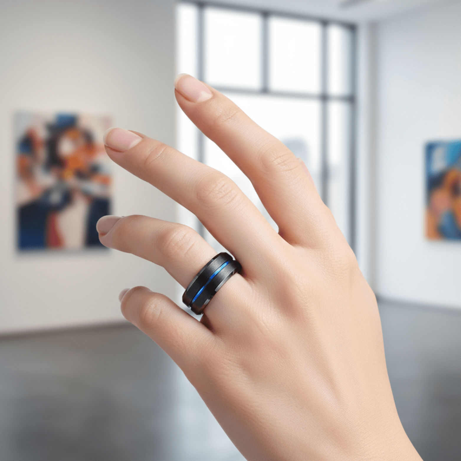 Men’s Blue Line Tungsten Carbide Wedding Ring Black - The Crew