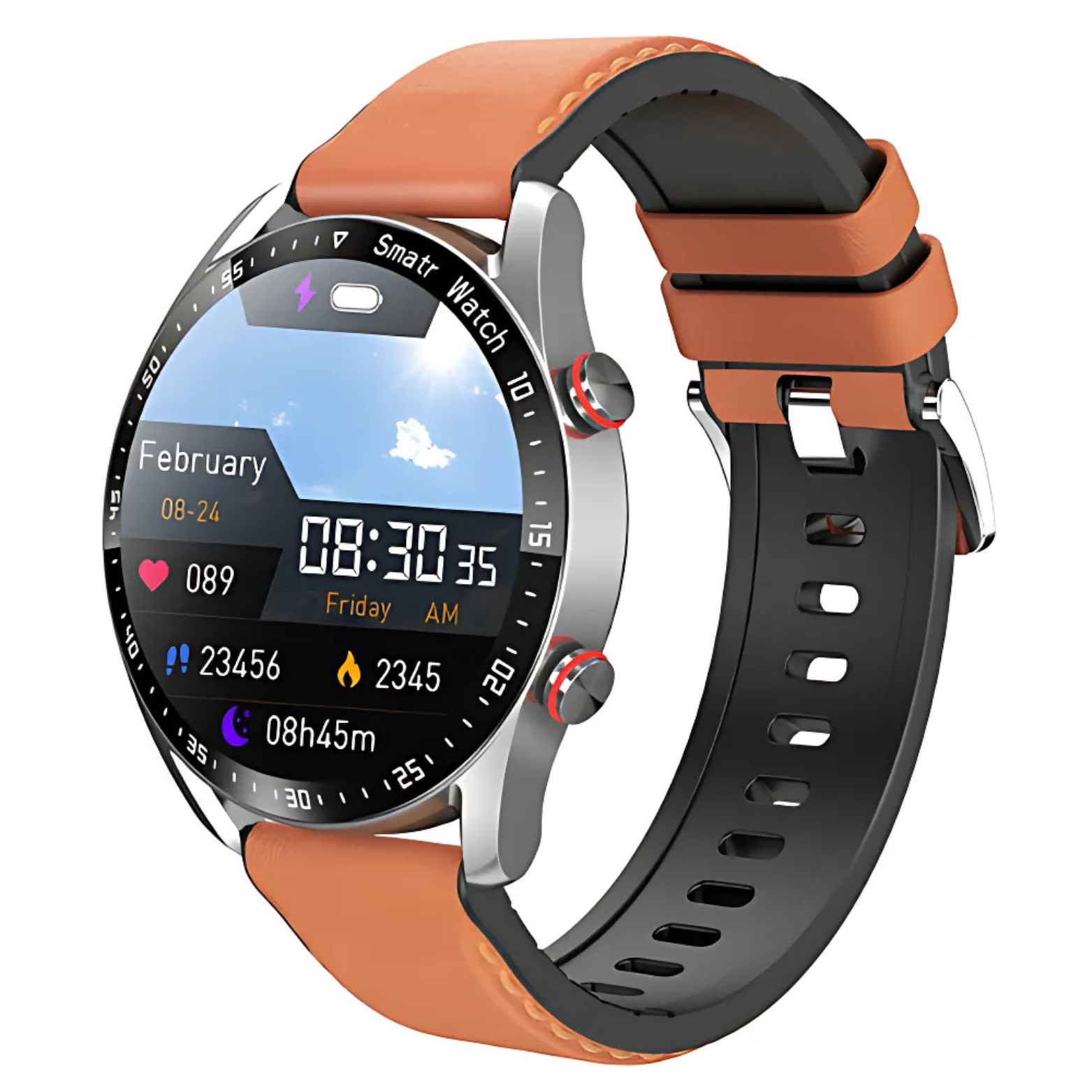 ECG Smartwatch Orange Sport Strap Front View – The Crew