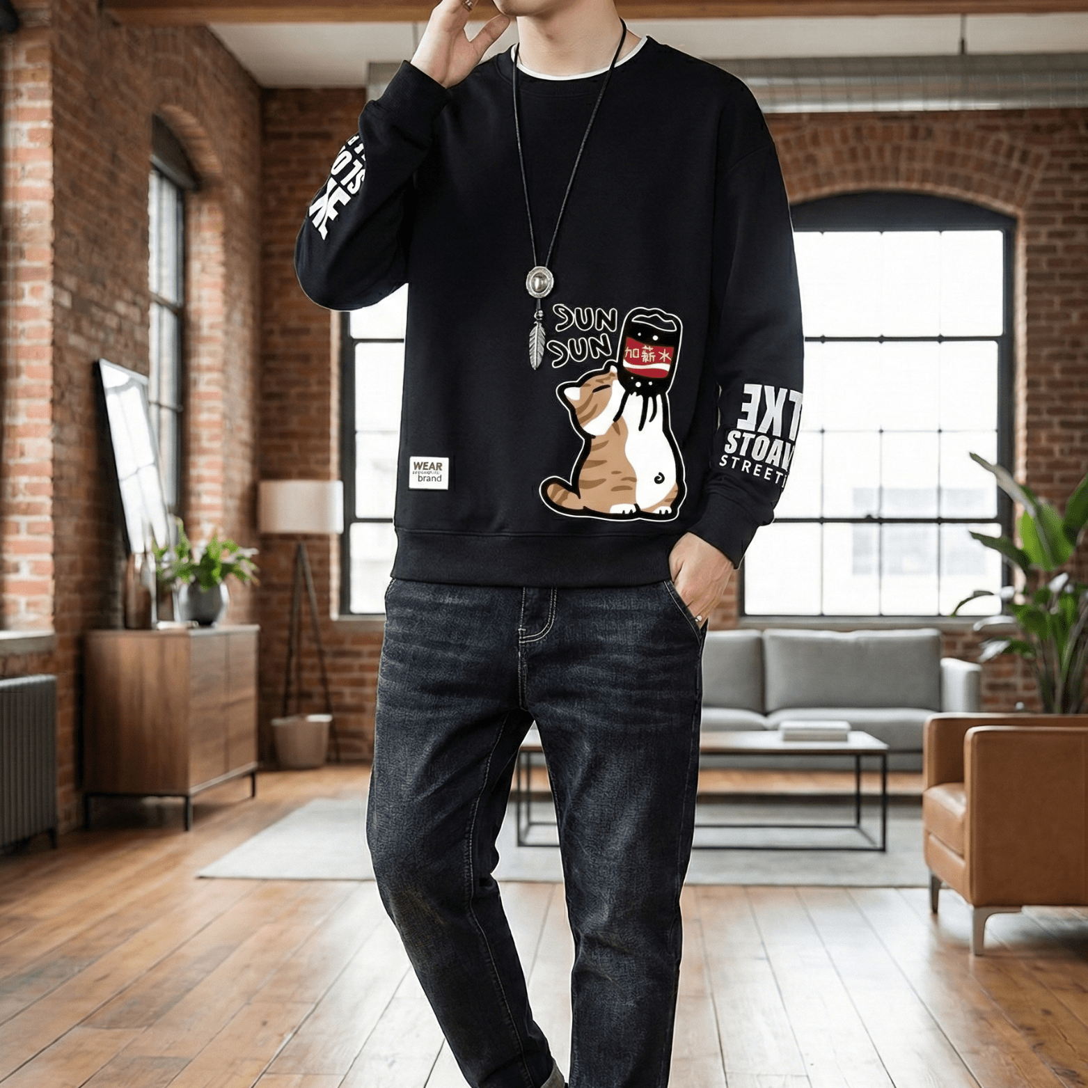 Cute Cat Oversized T-Shirt for Men Relaxed Graphic Tee - The Crew
