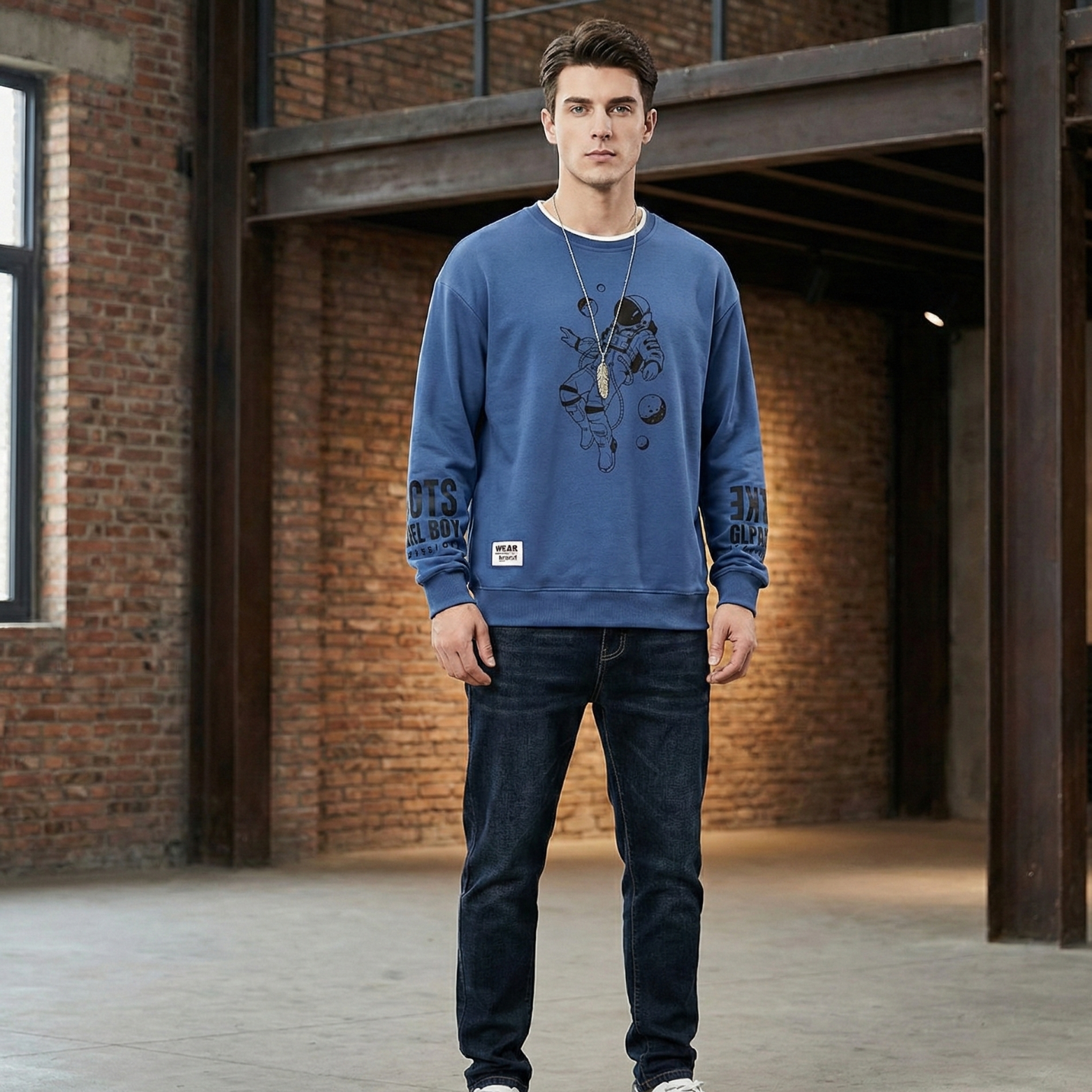 Man Wearing Moon Print Sweatshirt Blue – The Crew