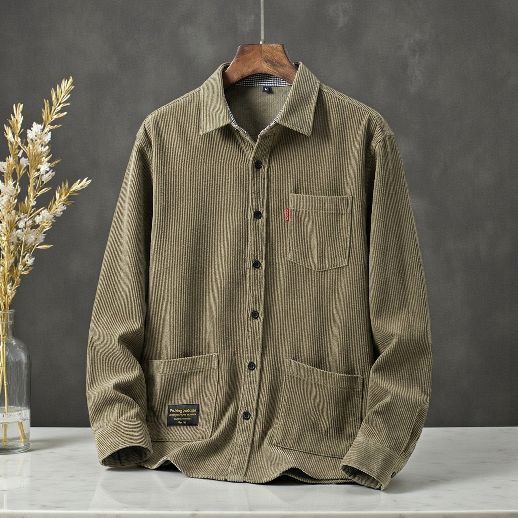 Men’s Khaki Corduroy Workwear Shirt Texture Detail – The Crew
