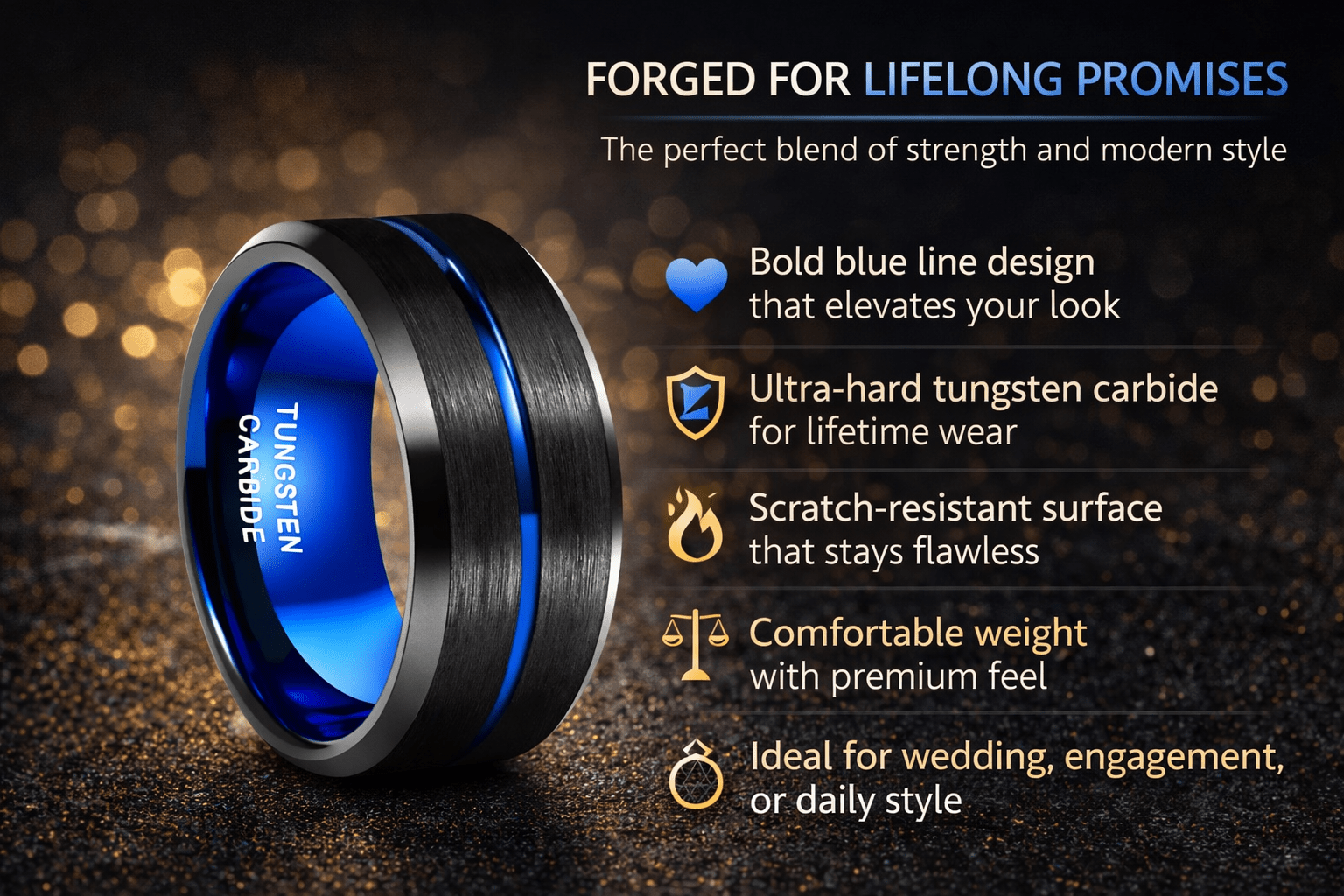 Men’s Blue Line Tungsten Carbide Wedding Ring Black - The Crew