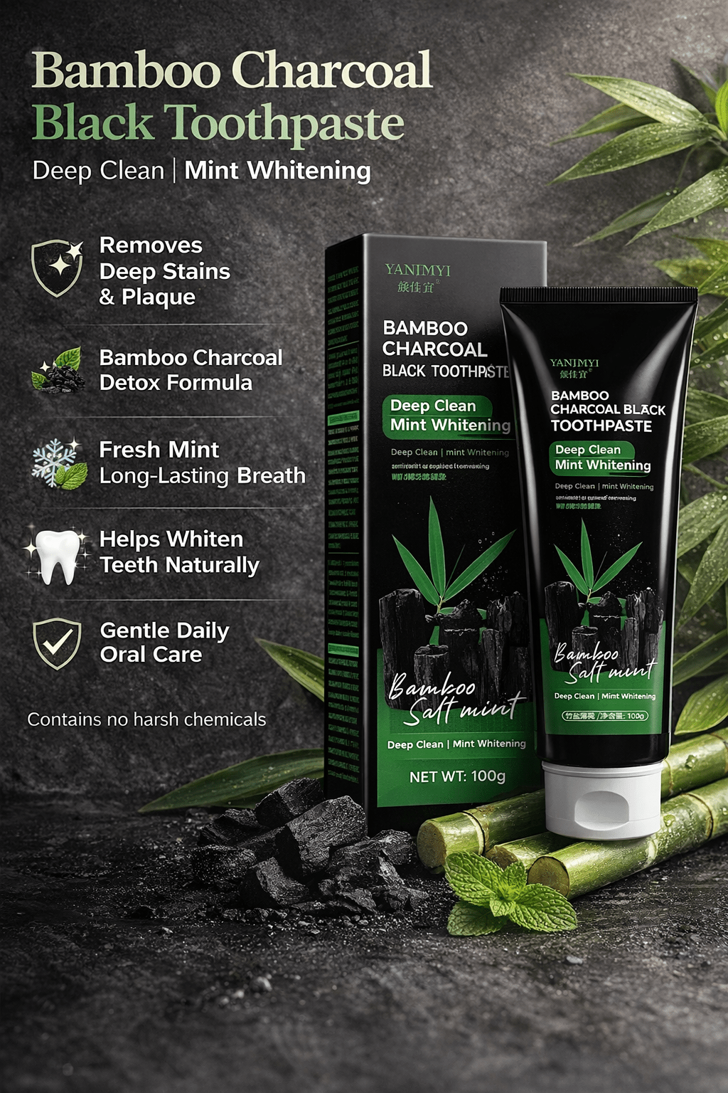 Bamboo Charcoal Black Toothpaste Deep Clean Mint 100g - The Crew