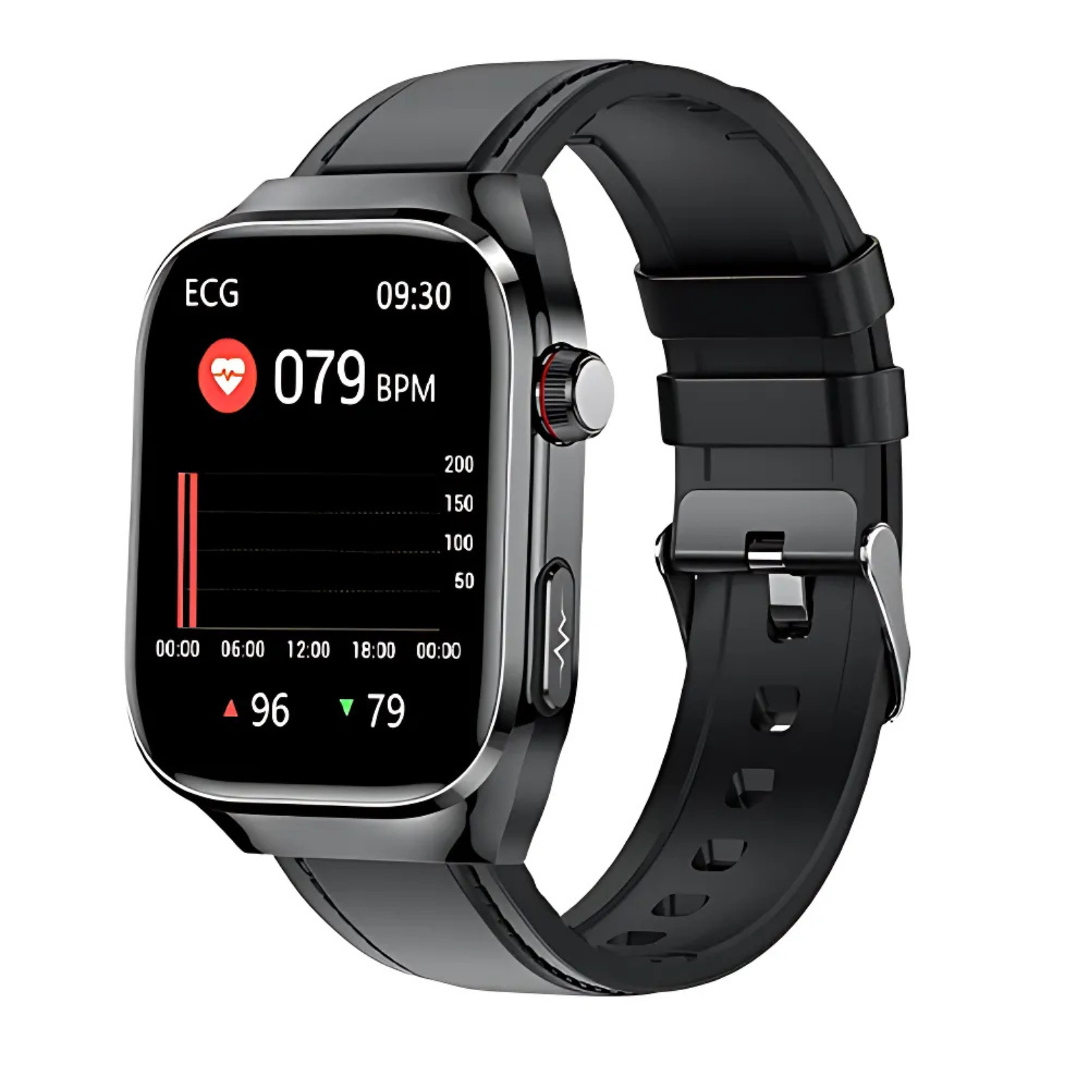 ECG Smartwatch Black Sport Band Front Angle – The Crew