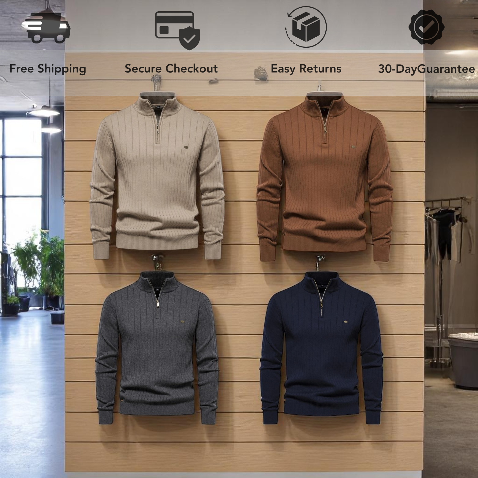 Men’s high neck zip sweater color options display – The Crew